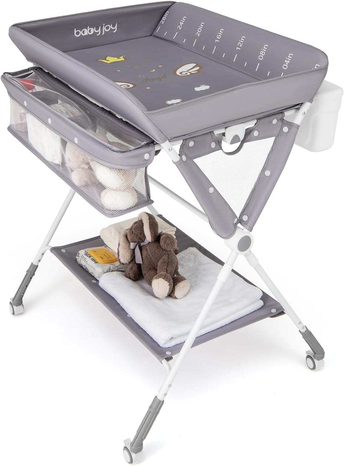 GYMAX Folding Baby Changing Table, Hight Adjustable Infant Bath Massage Dresser Diaper Organizer with Storage Basket, Trash Can and Shelf, Portable Newborn Care Station (Gray)