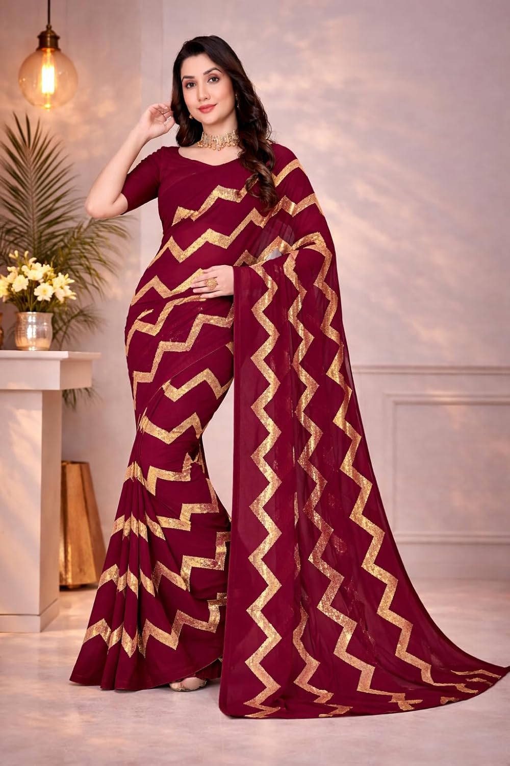 Saree for Women Georgette Golden Sequin Zigzag Embroidery work Saree for Party Style Sari with Blouse Piece