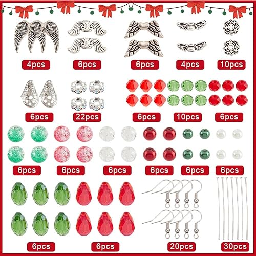 Miniatura 2 de SUNNYCLUE 1 caja de 10 pares de aretes de Navidad, cuentas de ángel guardián, cuentas de cristal rojo y verde, cuentas de cristal de alas de ángel,