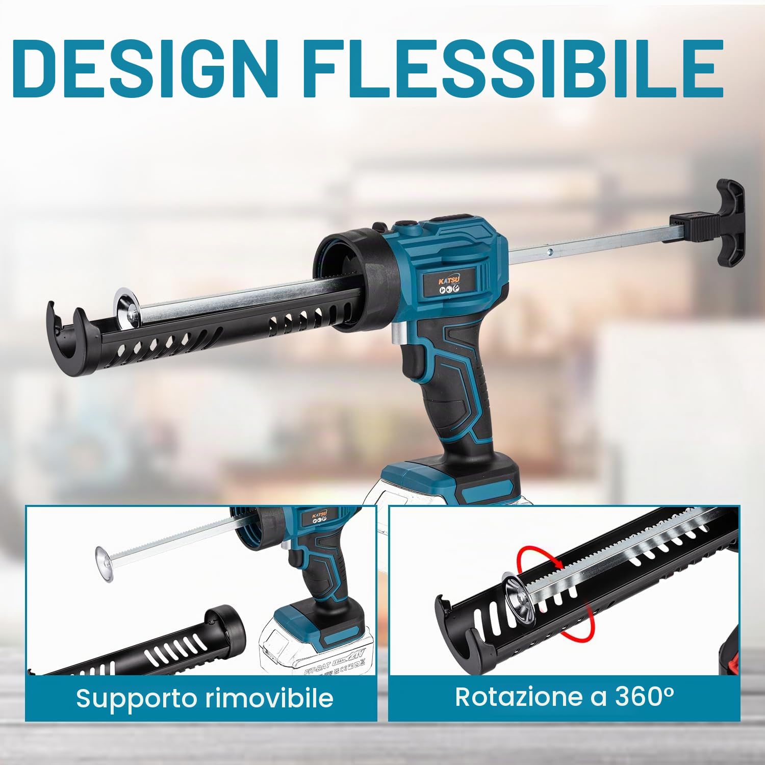 KATSU FIT-BAT Pistola per Silicone Senza Fili 18V/21V, Senza Gocce, 4 Velocità Regolabili, Pistola per Sigillante Adesivo per Applicazione Automatica Liscia, Senza Batteria Inclusa