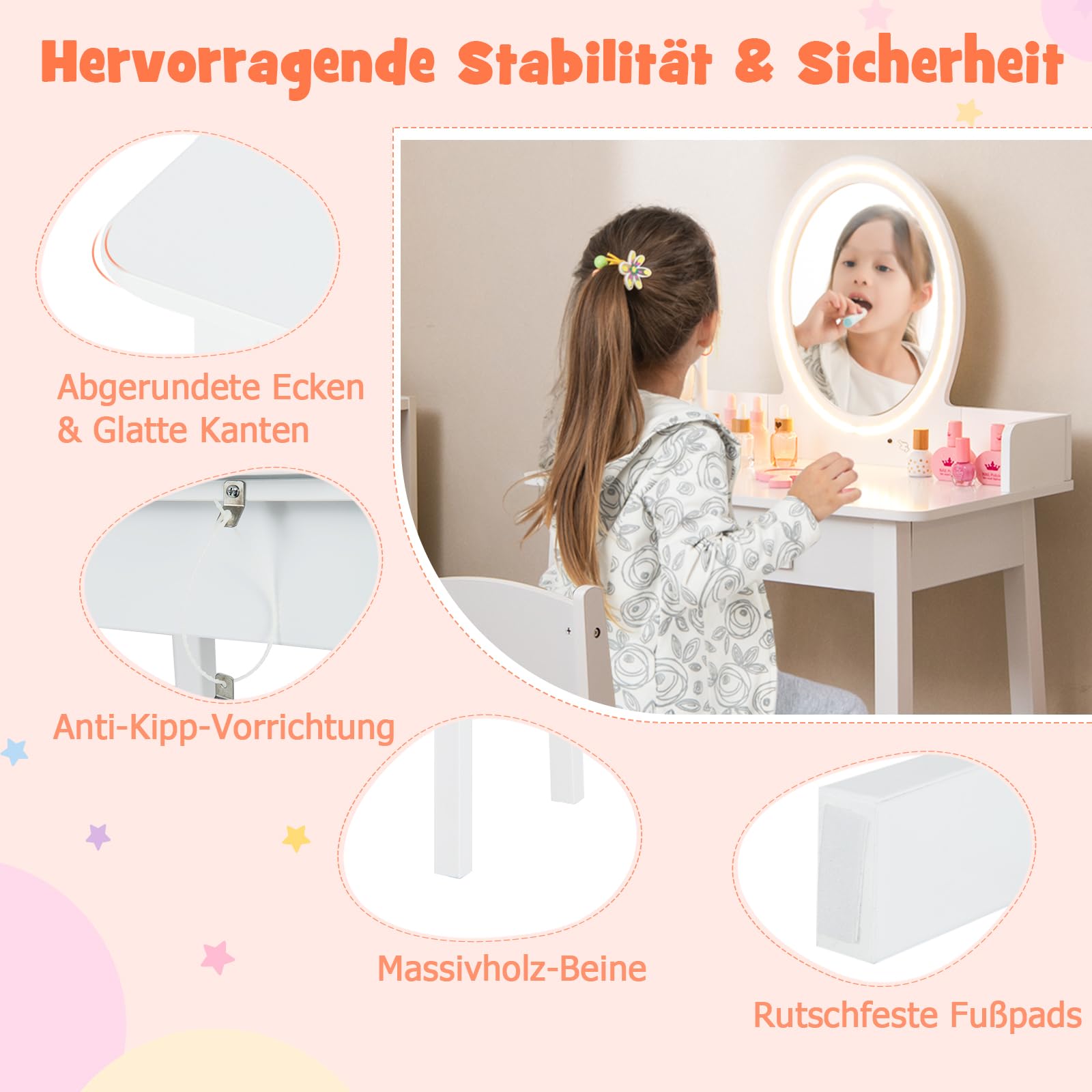 DREAMADE Schminktisch Kinder mit LED-Spiegel & Kiefernholzbeine, Prinzessin Frisiertisch mit Schublade & Schmuckständer, Kinderschminktisch mit Hocker für Kinder Mädchen (Weiß)