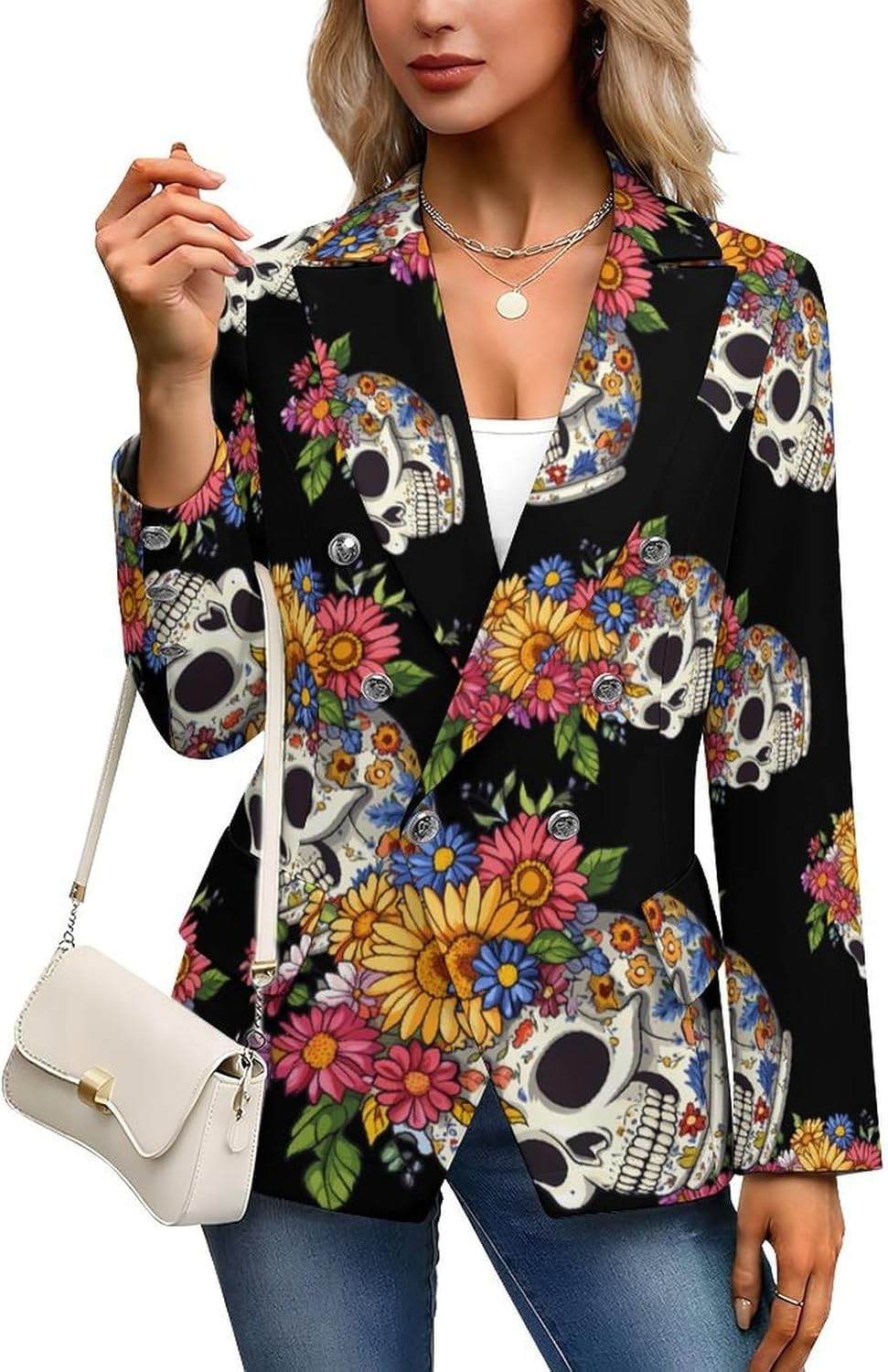 Flower Skull Women's Blazer Long Sleeve Suits Business Casual Blazers Jackets Lapel Open Front Suit