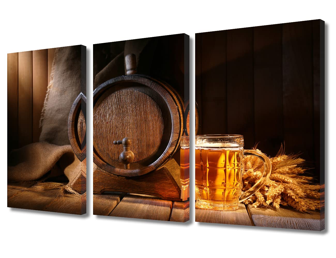 TUMOVO Beer Barrel Canvas Wall Art Print Beer Glass Wall Art for Bedroom Vintage Wall Decor Art Paintings on Wooden Background Modern Giclee Artwork for Office Home Decor Ready to Hang, 36" Wx24 H