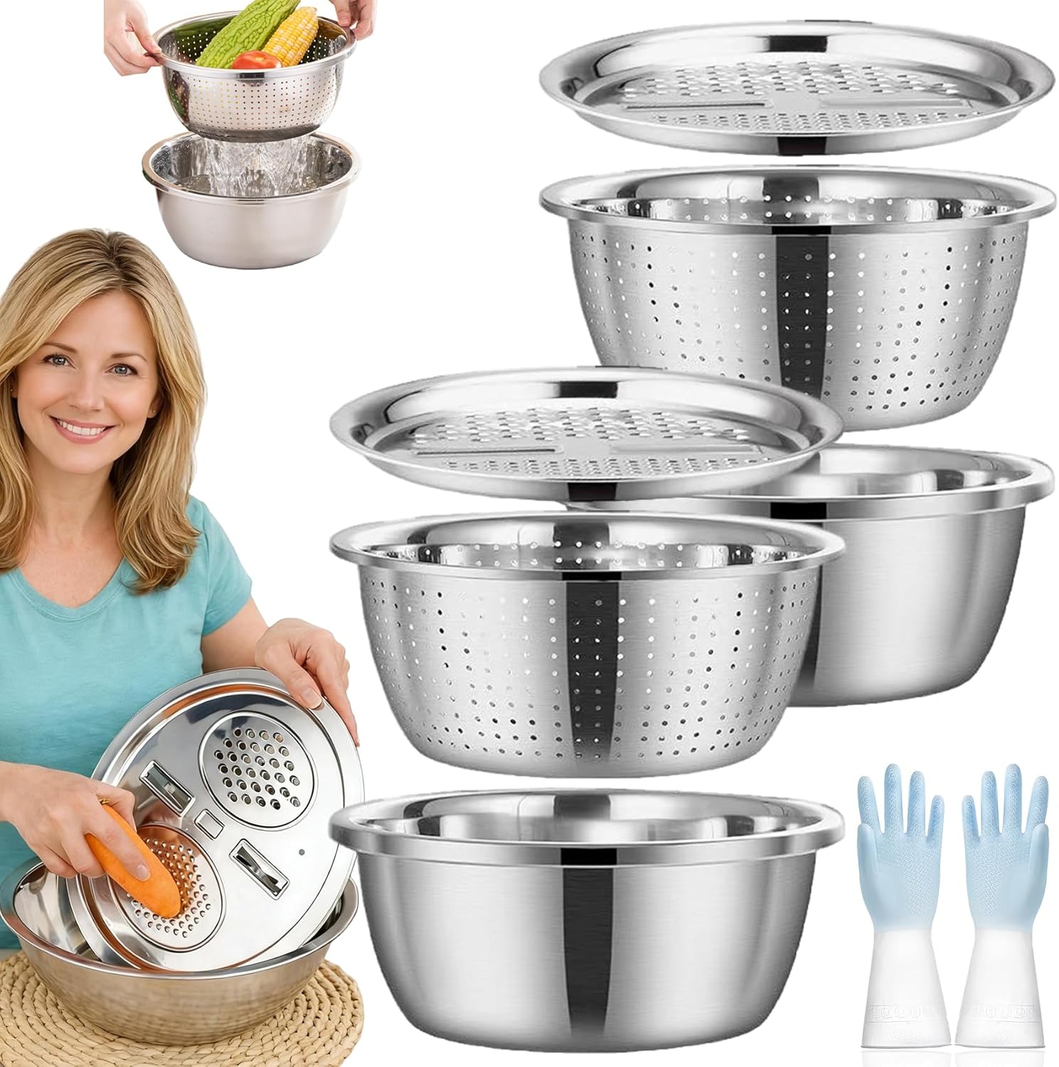 2026 New Germany Multifunctional Stainless Steel Basin, 5 in 1 Stainless Steel Shredding & Drainage Chopping Basin, Strainer with Draining Base & Grater for kitchen (2pcs,11 in)