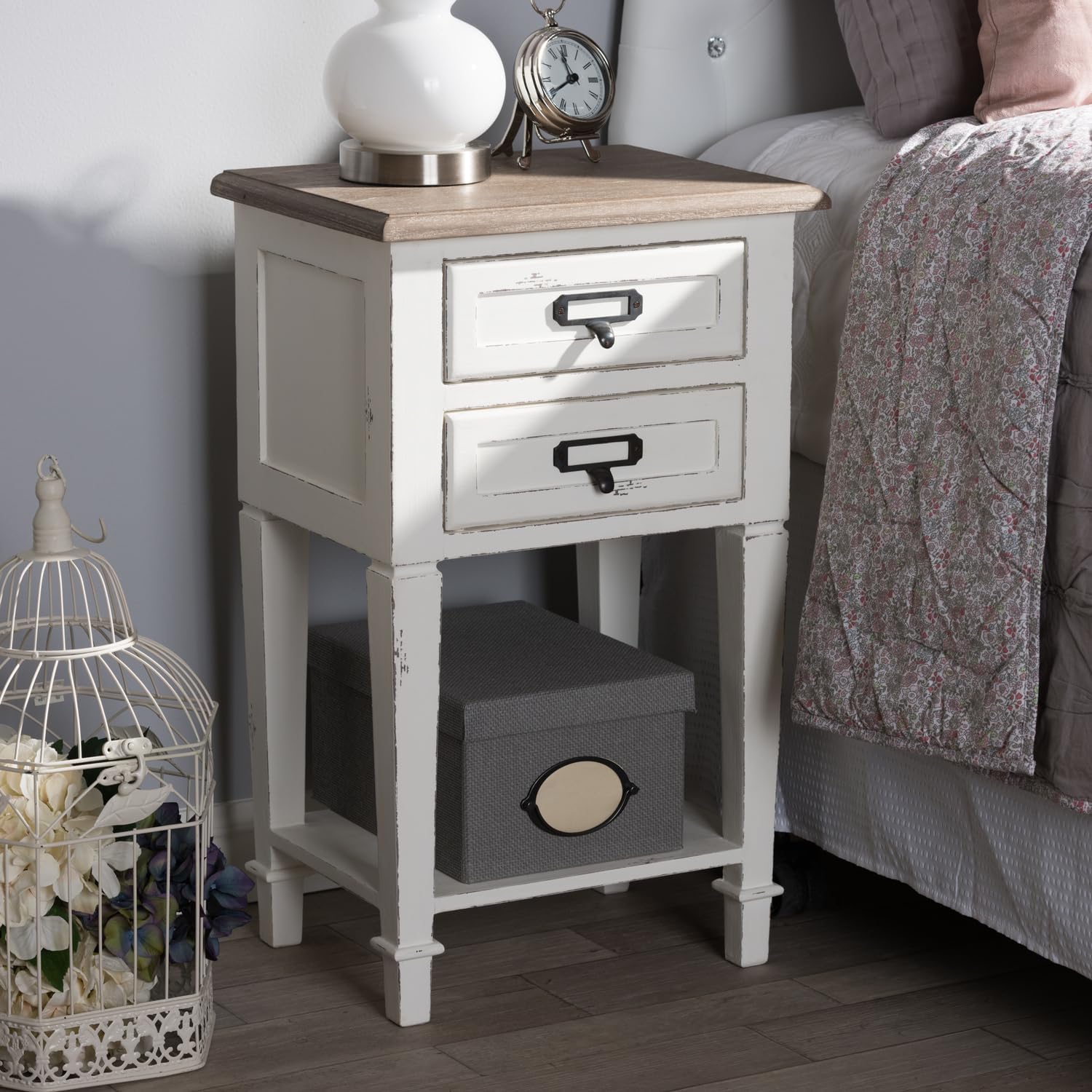 HomeStock Side Table with Drawer - Weathered Oak & White Nightstand - 15.75" Wide Accent Table