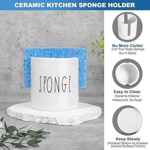 Miniatura 5 de Dispensador de jabón para platos para cocina, dispensador de jabón de cerámica con soporte para esponja, juego de dispensador blanco con bandeja,