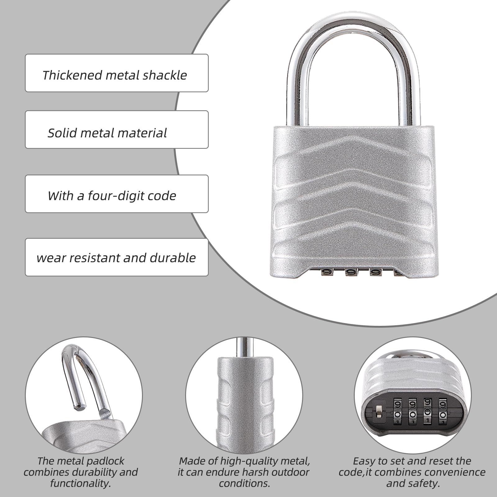 PYreek Combination Padlock Heavy Duty Locker Lock 4 Digit Padlock Gym Locker Locks for Fence Gate Storage Unit (Sliver, HD_10_3.5)