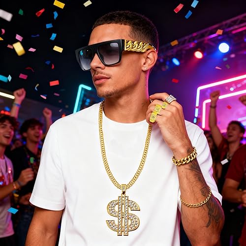 Miniatura 5 de Cadena de oro falsa de los años 80 y 90, cadena de oro falsa, incluye cadena grande, anillo de oropulsera, gafas rave, decoraciones de fiesta