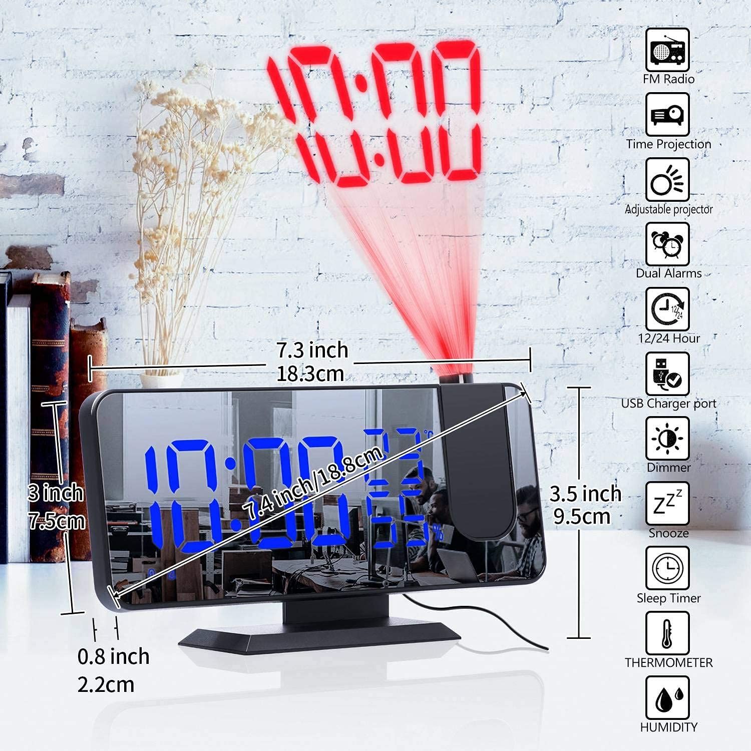 TXXMM Reloj de Alarma de proyección, Reloj Digital con Radio FM y USB Cargador, Digital DIRIGIÓ Dimmer de Pantalla de Temperatura y Humedad
