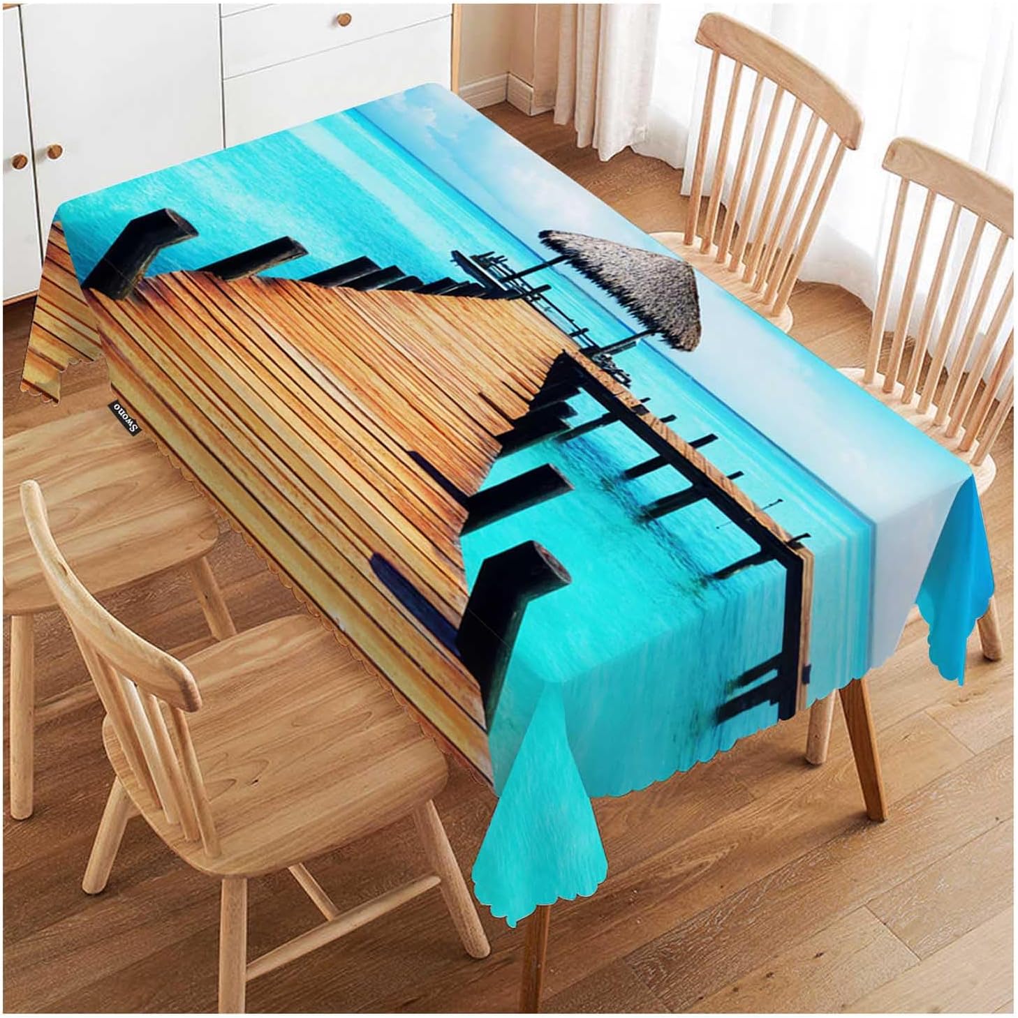 Swono Wooden Dock Rectangular Tablecloth Ocean Beach Tropical Island Seashore Washable Table Cloth Kitchen Dining Room Table Cover for Party Dinner 50x72 Inch Tablecloths