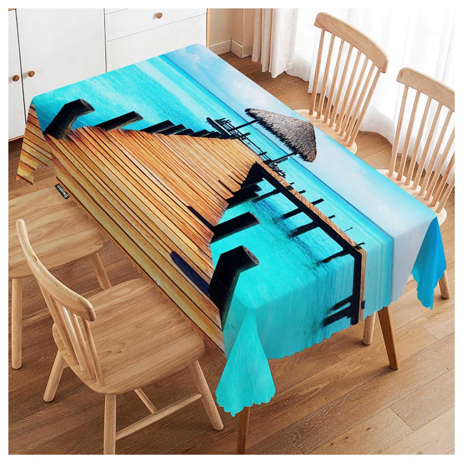 FJQWKLF Wooden Dock Rectangular Tablecloth Ocean Beach Tropical Island Seashore Washable Table Cloth Kitchen Dining Room Table Cover for Party Dinner 50x72 Inch Tablecloths