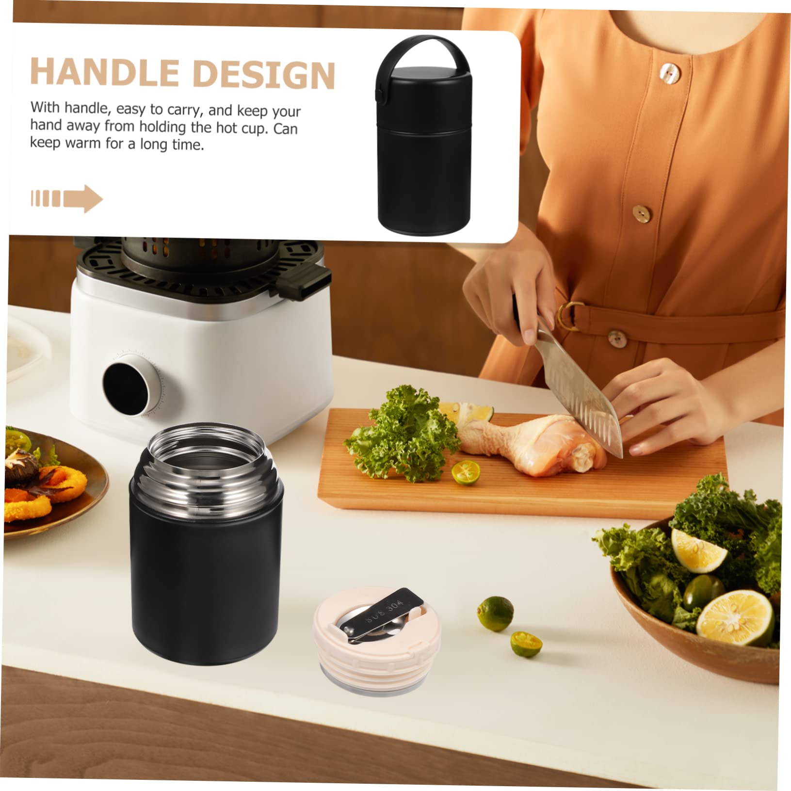 Contenedor de alimentos aislado de acero inoxidable de 850 ml, doble pared con cierre hermético, amplio diseño negro para adultos, ideal para almacenamiento de comidas calientes al aire libre
