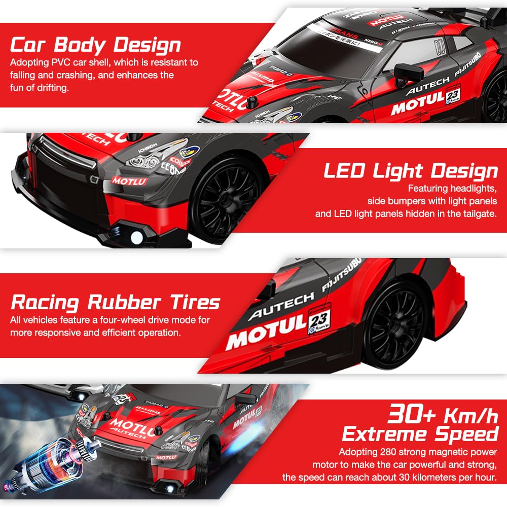 Voiture Télécommandée Drift, 1:24 4WD RC Drift Car 30 km/h Voiture RC Car Jouets Voi-ture de Dérive Télécommandée voi-ture Radiocommandée Tout Terrain avec Lumières pour Garçon Fille Jouet