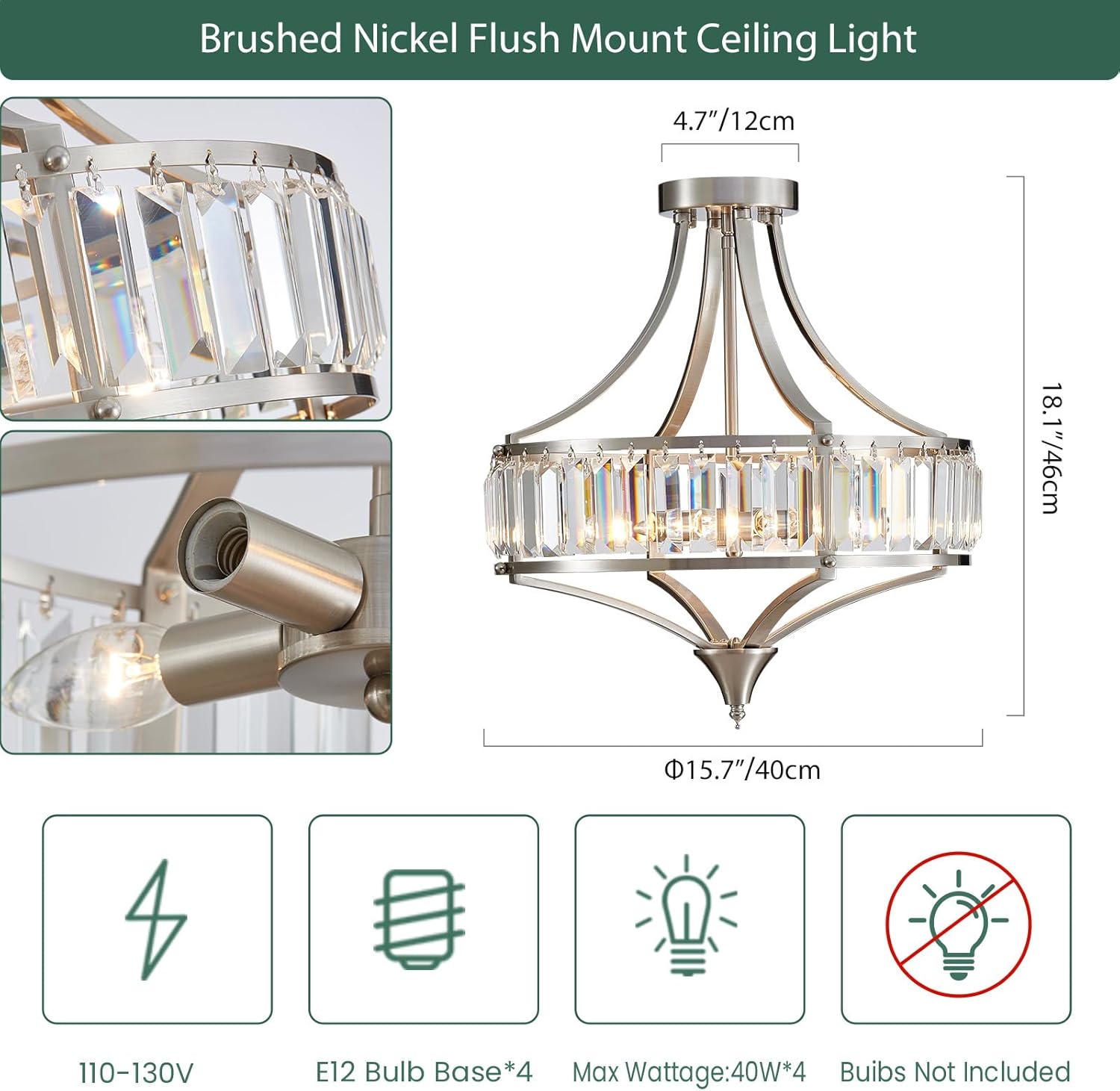 Modern Nickel Chandelier 4-Light Crystal Ceiling Light Fixtures 16 inches Flush Mount Lamp Suit for Living Room Kitchen Island Dining Room Foyer