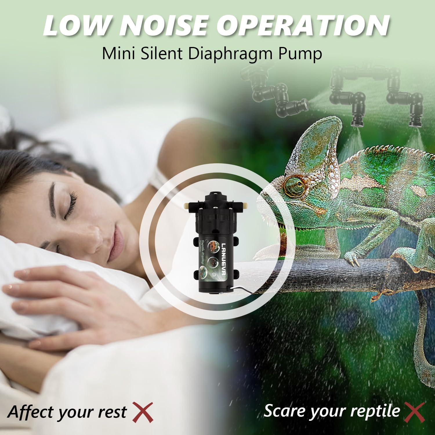 LANUEVA Umidificatore per rettili, nebulizzatore silenzioso per terrario, con 4 ugelli nebulizzatori singoli + 2 doppi ugelli nebulizzatori, sistema automatico a spruzzo per camaleonte, lucertola