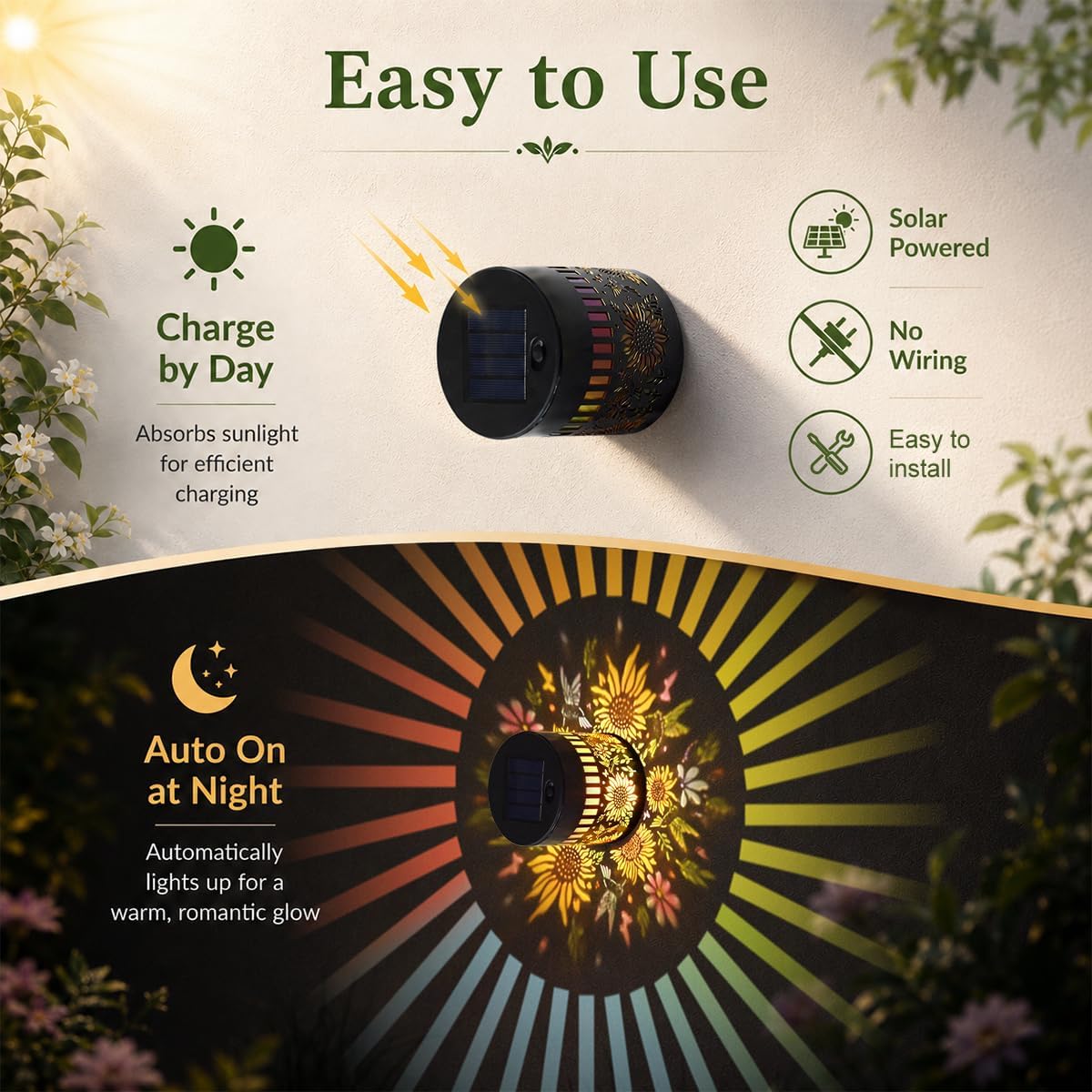 Solar Sunflower Projection Wall Light,Waterproof Fence Lamp-2Pcs image 3