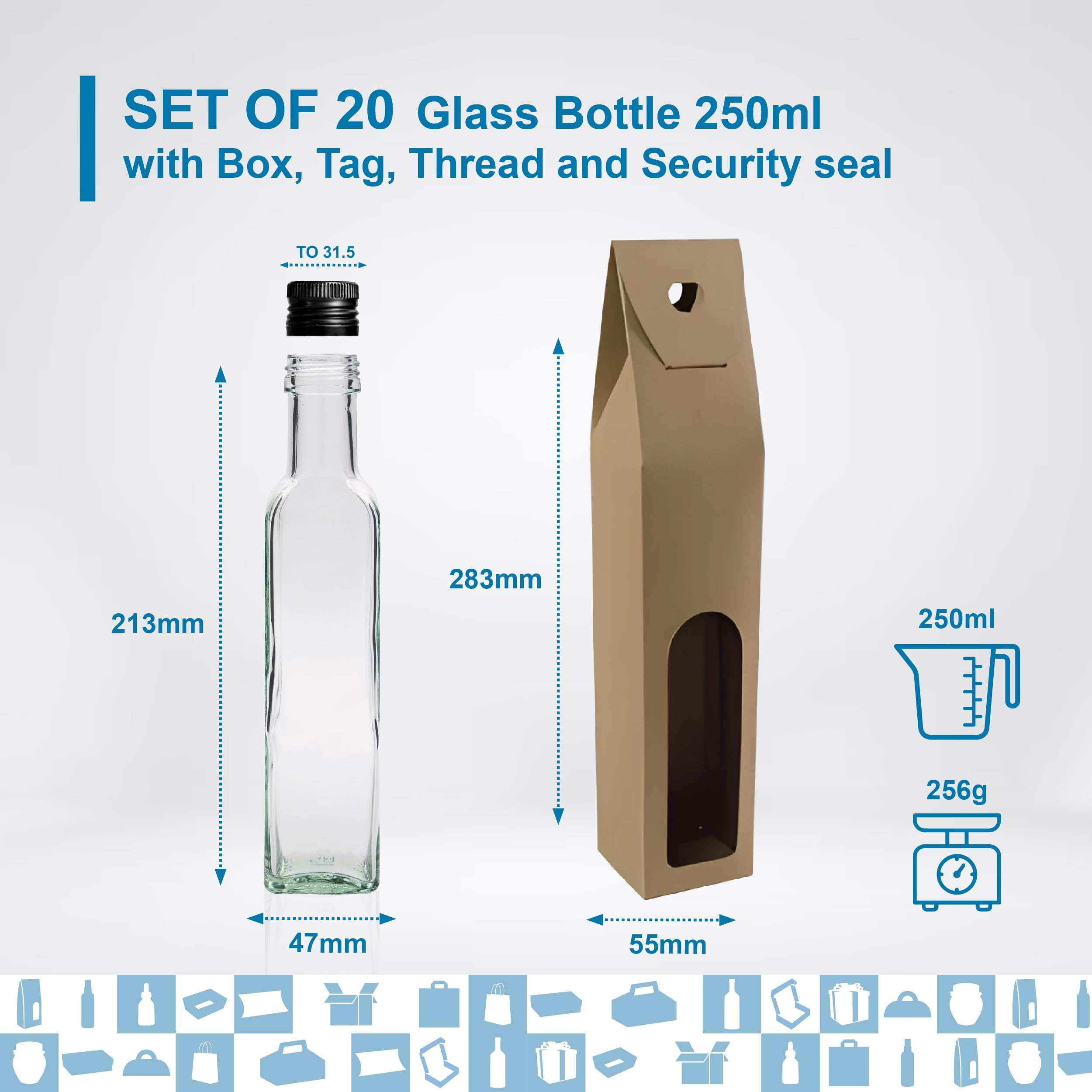 Espirito Rebelde - 20 botellas de cristal de 250 ml con tapón de rosca negro con boquilla para verter + 20 cajas + 20 sellos + 20 etiquetas Kraft + cuerda - aceite de oliva, vinagre, alcohol, salsas -