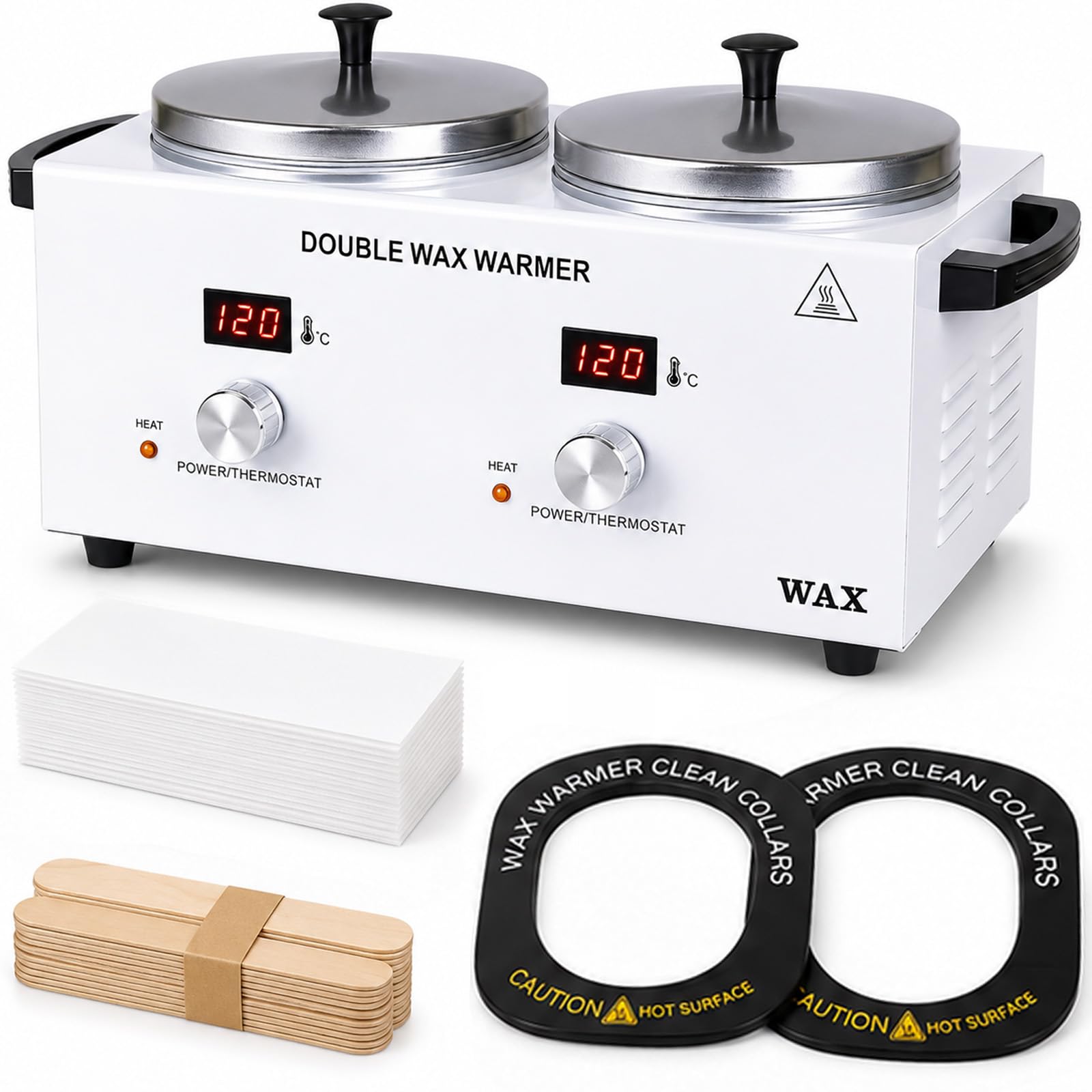 Doppel-Wachserhitzer, Doppelwachs-Topf zur Haarentfernung mit 200 Wachsstreifen, 20 Spatel, 20 Schutzringe, elektronisches Display, 2x500ML herausnehmbare Einsätze, für Gesicht, Körper & Achseln