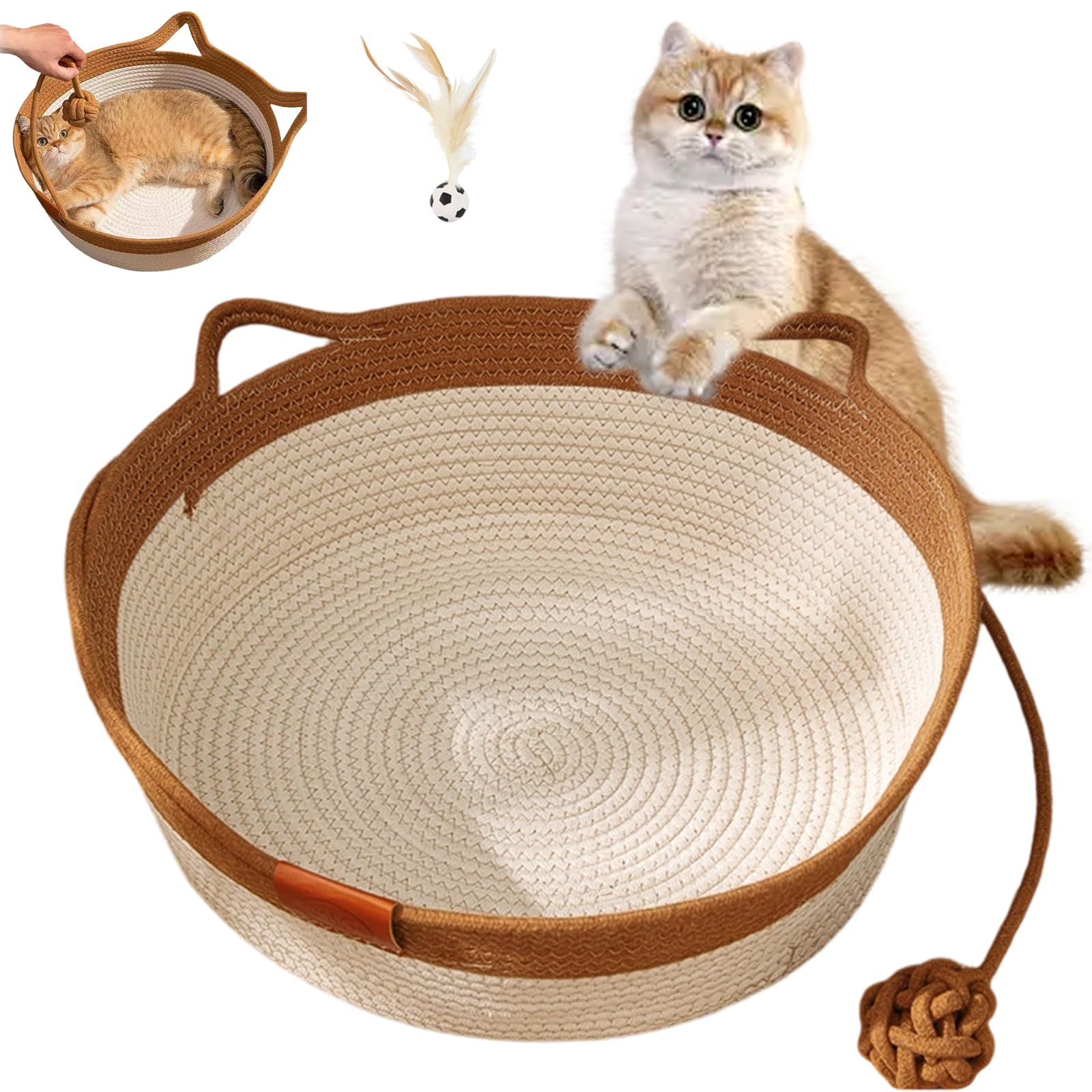 Vgpbphj Stimulicat Cat Bed, Stimulicat Handwoven Basket, Cat Bed Rope Cotton, Foldable Scratchable Hammock with Cats Ear Design, Breathable & Easy to Clean, all Season Universal (Brown, S)