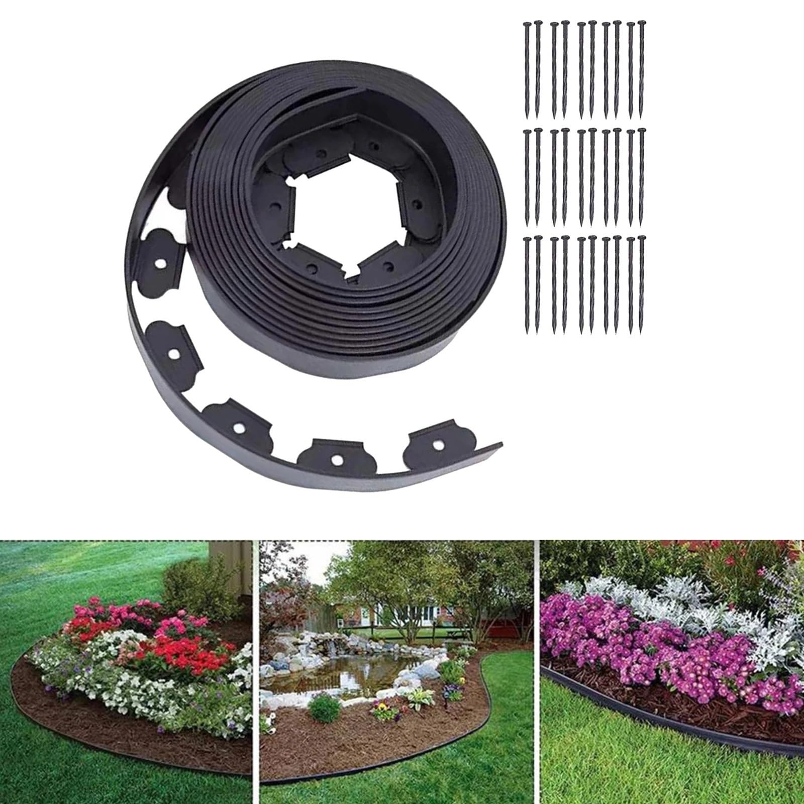 Rasenkante Flexibler Rasenkanten-Kunststoff for den Garten, kein Graben, 9,7 m, mit 30 Stacheln, Landschaftskanten, einfach zu installierender Einsatz, Schwarz