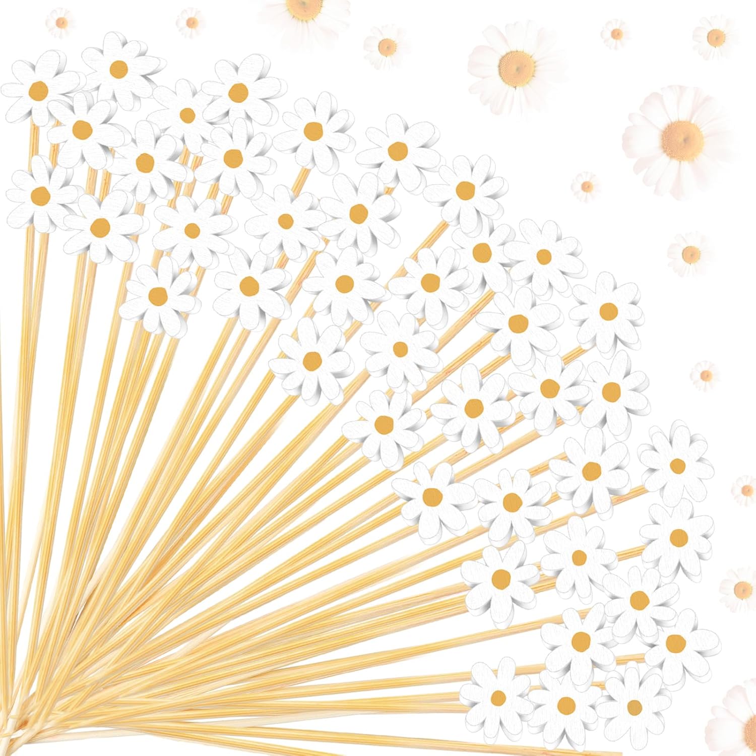 Pickmesh 600 Pcs Daisy Cocktail Picks 4.7 Inch Spring Floral Bamboo Toothpicks Cocktail Skewers for Drinks Party Decorations Appetizers Fruit Drinks Party Supplies