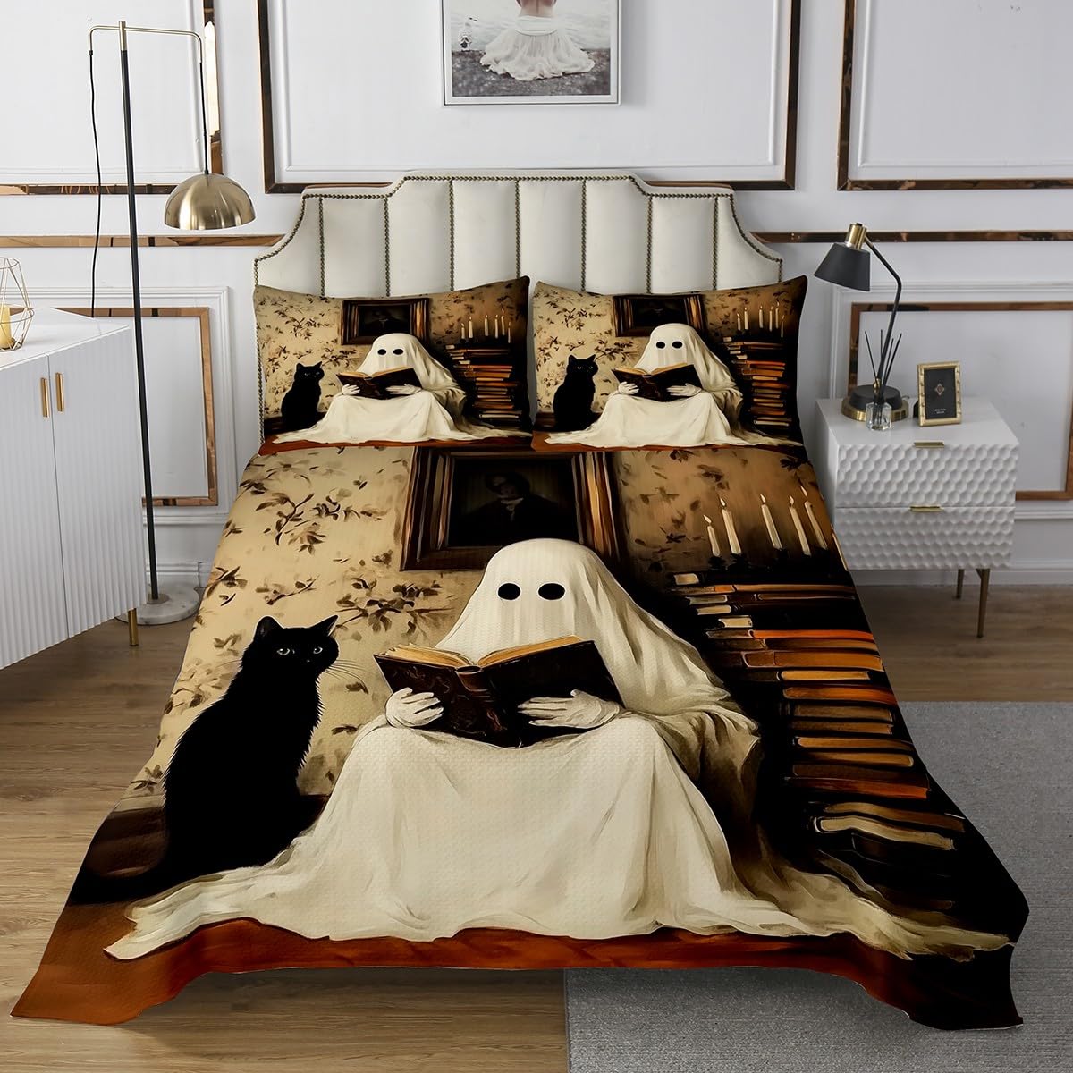 jejeloiu Cute Ghost Bedspread Queen Size Kids Kawaii Black Cat Cartoon Animal Coverlet Set for Boys Girls Bookshelf Halloween Theme Floral Flowers Pattern Quilted Coverlet Room Decor