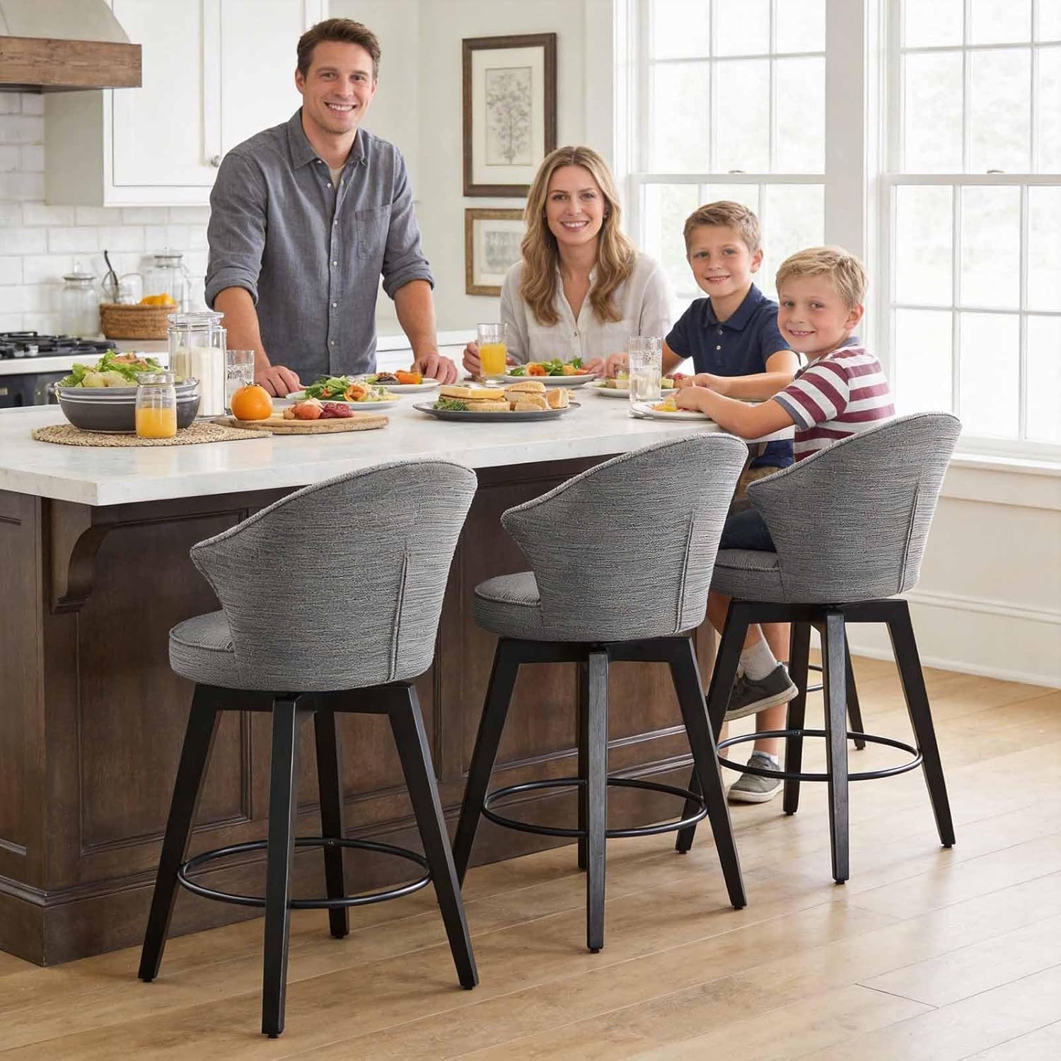 25 Inch Swivel Bar Chairs Set of 2, Mid-Century Modern Bar Stools with Wing Back, Grey Fabric, Black Solid Wood Legs Counter Stools for Kitchen Island, Bar