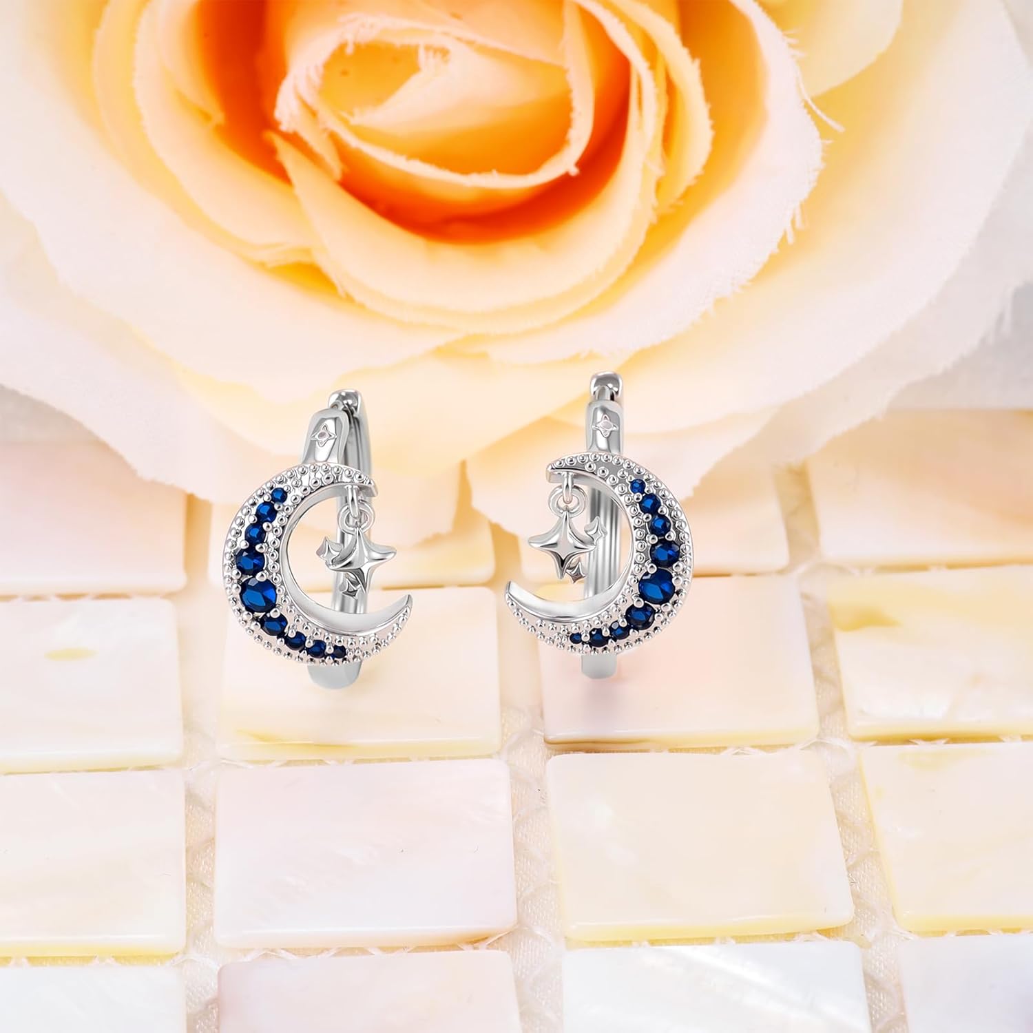 Sterling Silver Earrings for Women Huggie Hoop Charms Cubic Zirconia Star Moon Hypoallergenic Fashion White Gold Plated for Sensitive Ears Dainty Jewelry Birthday Gift - Image 4