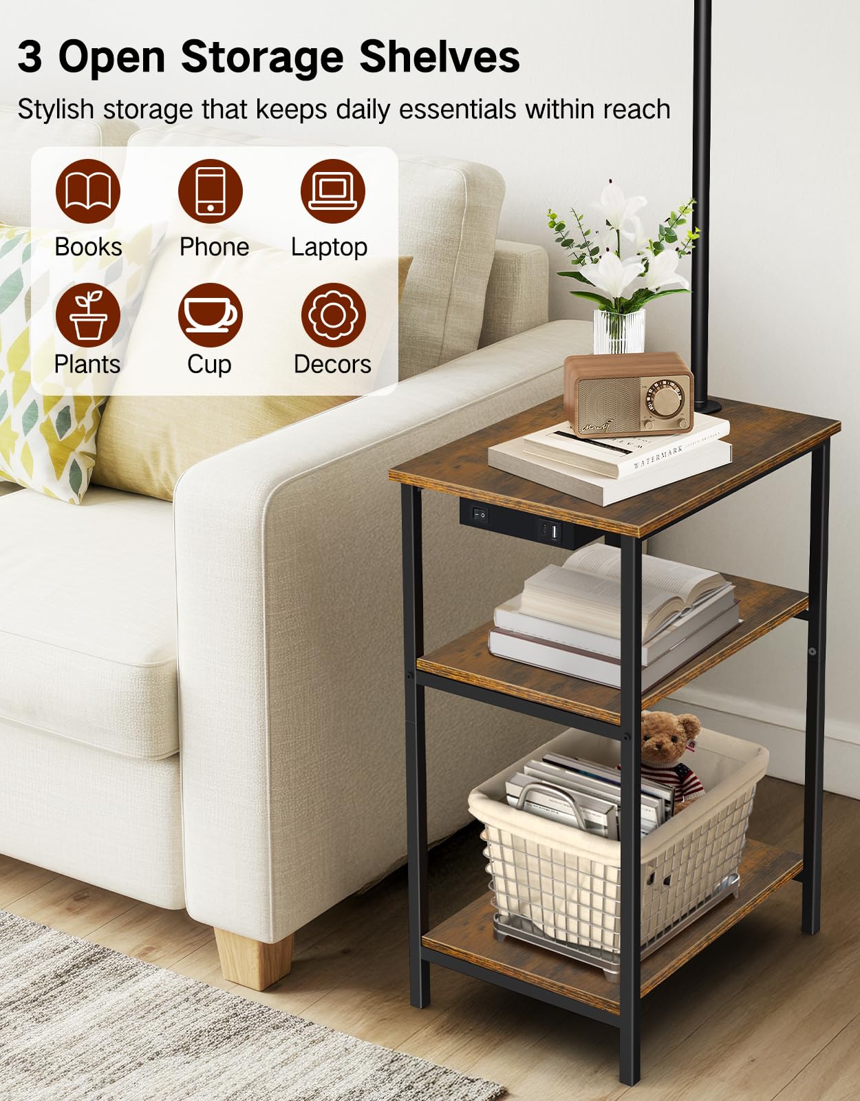 Stehlampe mit Tisch & Regal, Dimmbar LED mit Fernbedienung, 3 Farbtemperaturen, Beistelltisch mit USB-Ladefunktion für Wohnzimmer Schlafzimmer Büro