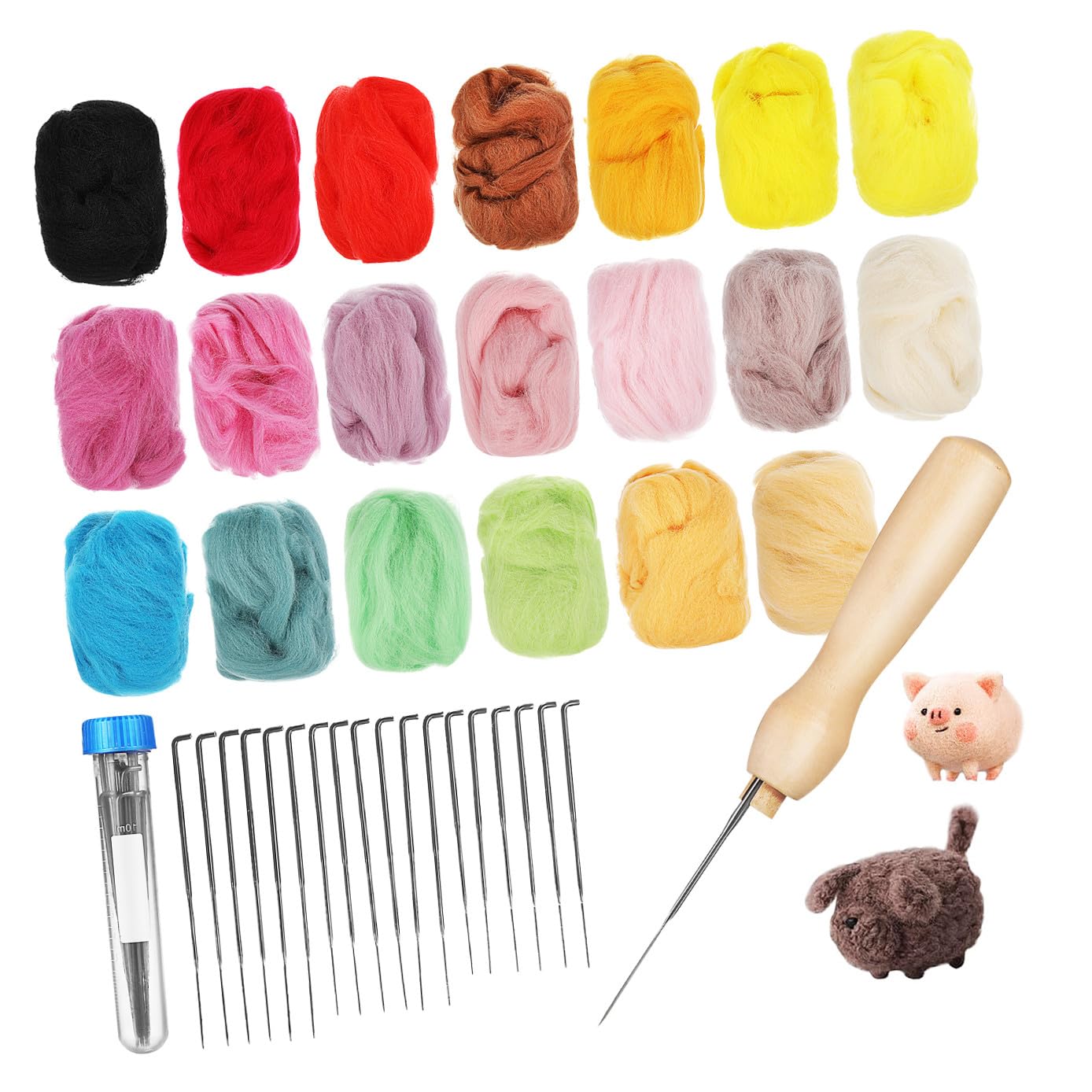 Farbiges Nadelfilz für Bastelanfänger mit 20 Farben und Zubehör | 20 Farben À 10g, Großes Blaues Gefäß, Nadeln in Drei Stärken Je 6 Stück, Einzelwerkzeug Enthalten