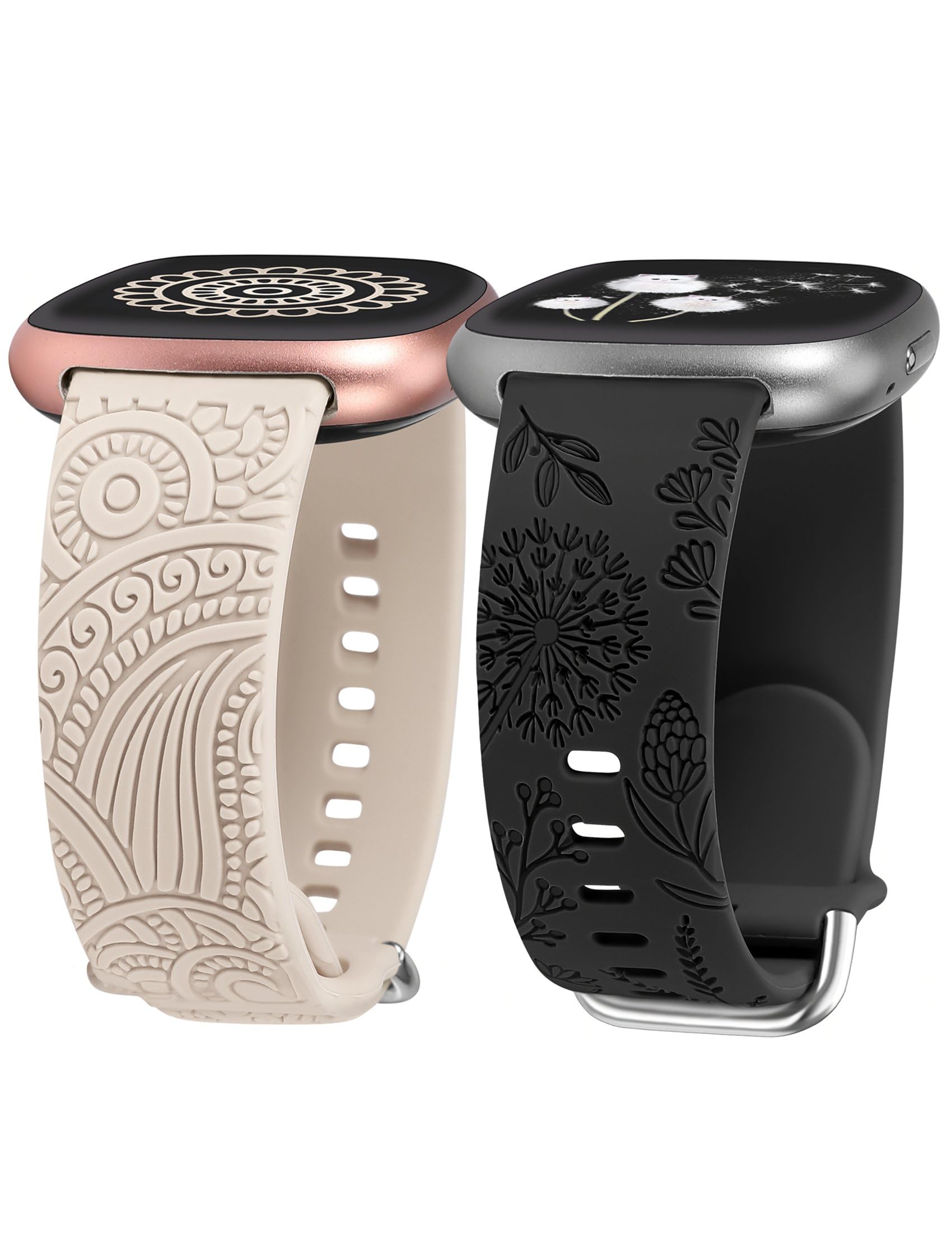 TOYOUTHS 2 Stück Floral Gravierte Armband kompatibel mit Fitbit Versa 4/Versa 3/Sense 2/Sense Armband, Sport Solo Loop Silikon Boho Henna/Löwenzahn Blume Fancy Versa 4 Armbänder, Polarstern/Schwarz