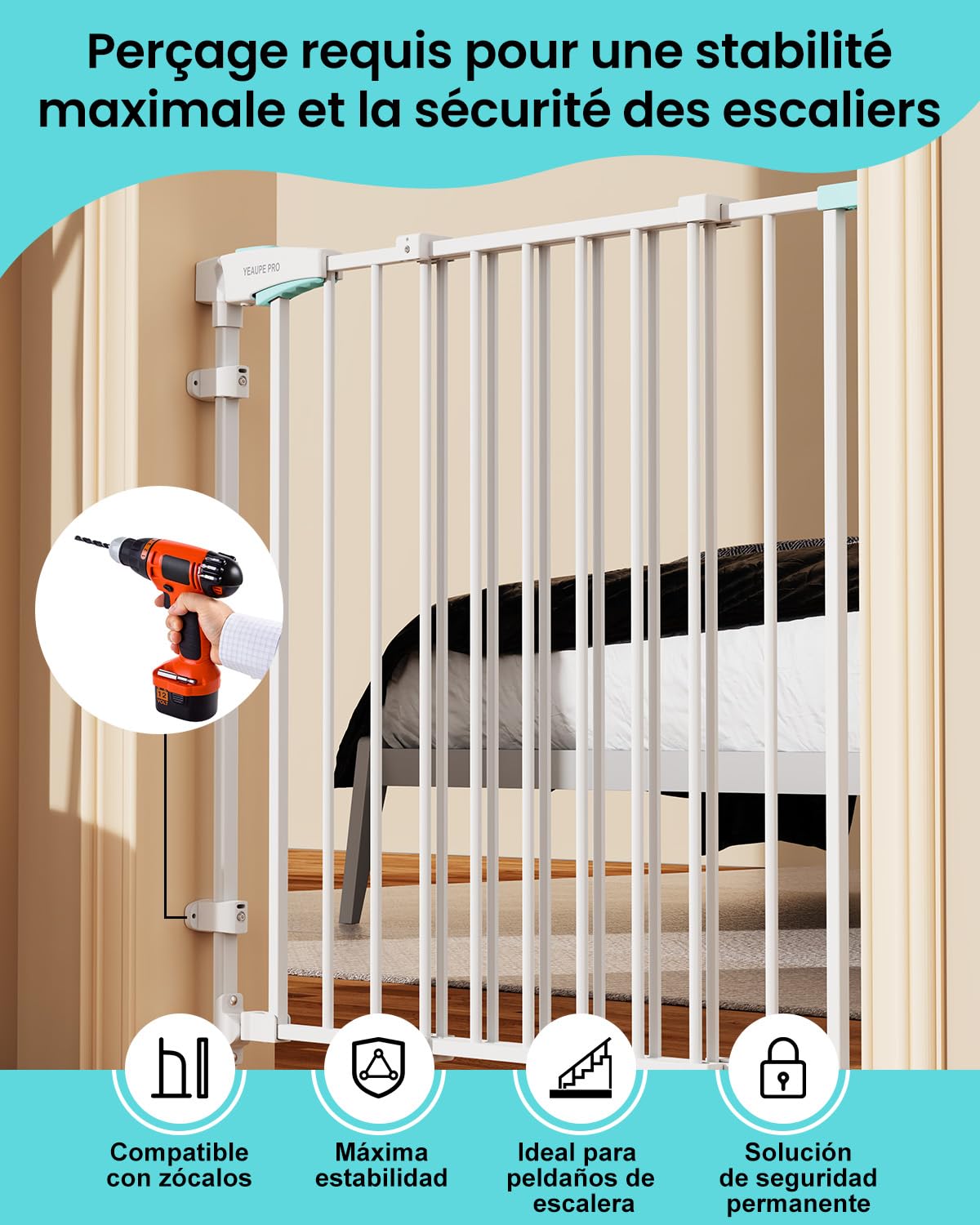 YEAUPE PRO Barrera de Seguridad Escalera Extensible de Metal, 75-110 CM, para Taladrar, Valla de Seguridad Infantil, Barrera de Escalera para Bebés y Niños Pequeños, Puerta de Seguridad, Blanco