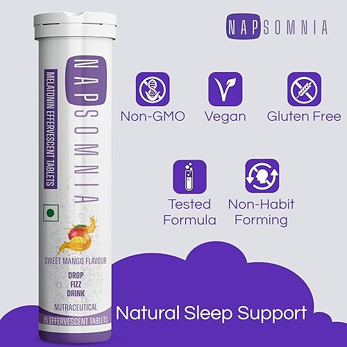 Miniatura 3 de NAPSOMNIA Tabletas efervescentes de melatonina (arándano, 30 unidades)  Cápsulas de melatonina solubles con L-teanina, manzanilla y más  Suplemento