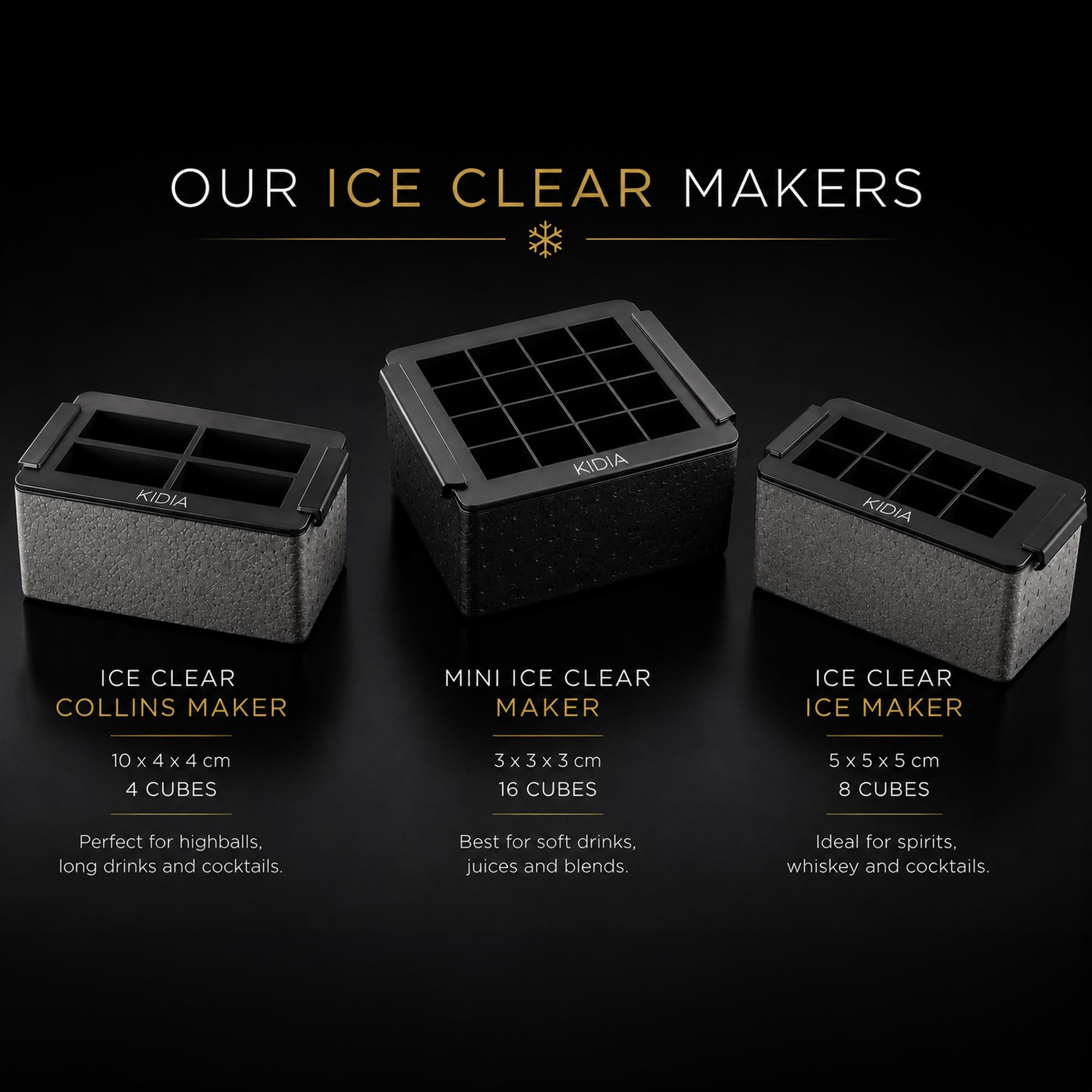 Kidia Ice Clear Cube Maker – Cubos de Hielo Transparente 8× 5x5x5 cm – Congelación Direccional, Silicona Alimentaria, Caja Aislante para Cócteles y Whisky (Collins 10x4x4)
