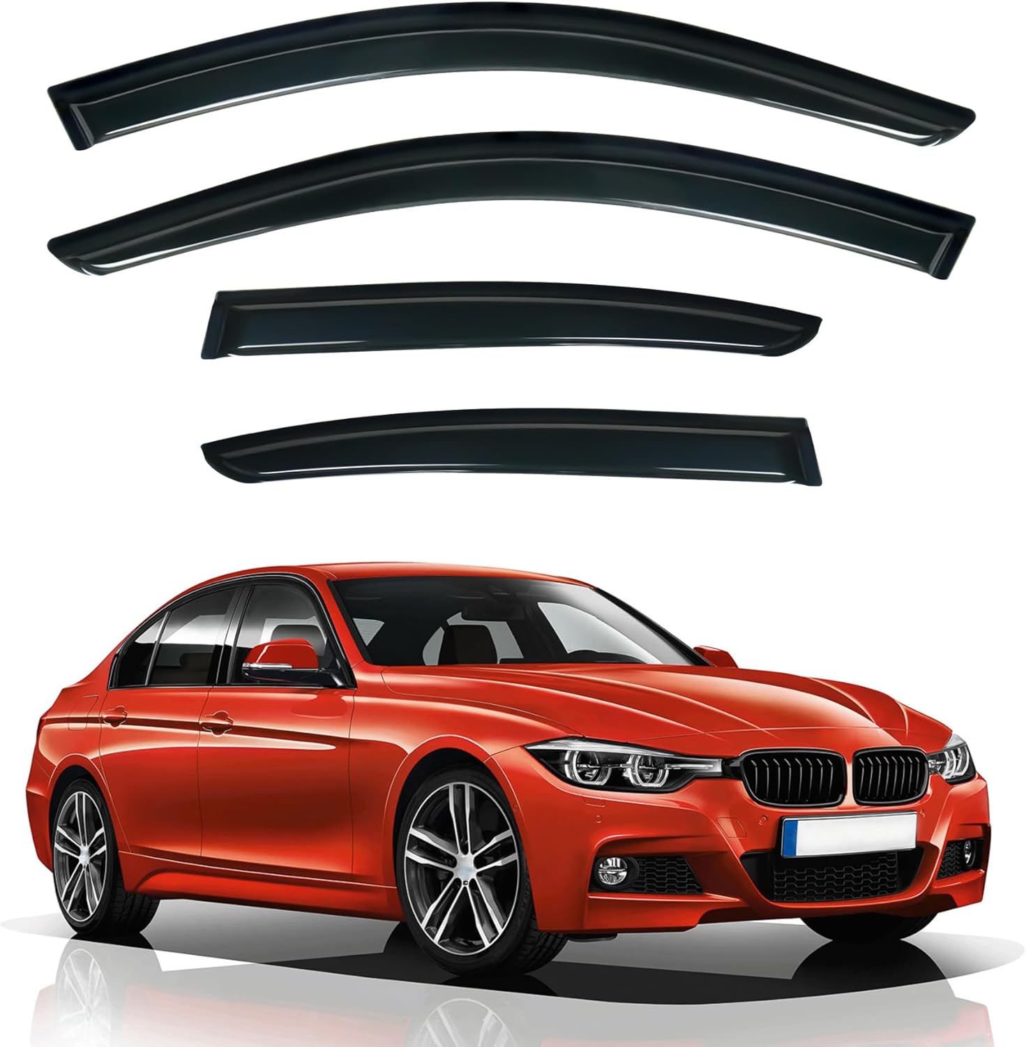 4pcs Front+Rear Smoke Tint Sun/Rain Guard Outside Mount Tape-On Vent Window Visors Compatible with 12-19 BMW F30 3-Series 15-18 M3 4-Door Sedan 318 320 325 328 330 335 340 i d xdrive e