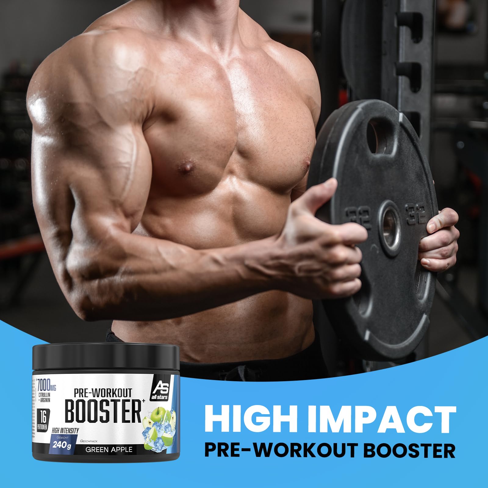 All Stars Pre-Workout Booster Extreme Green Apple I 240g Pre-Workout-Booster für 16 Drinks I Fitness-Pulver mit Aminosäuren + Vitamine + Taurin I Energy Drink mit Koffein