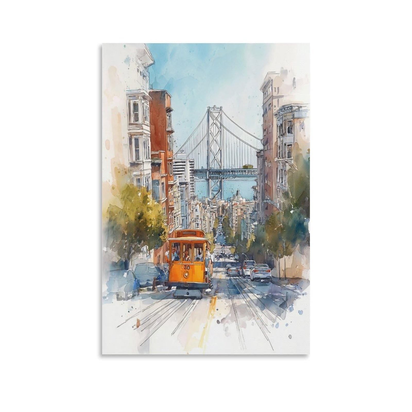 LCYNNH San Francisco Golden Gate Bridge 20x30inch(50x75cm) Vintage Travel Poster Watercolor Canvas Art