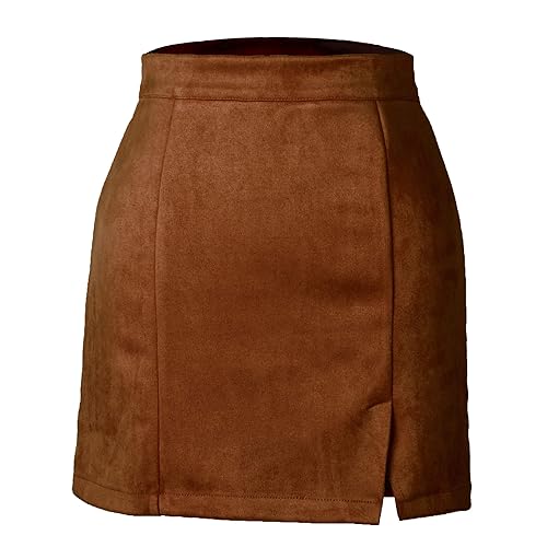 HARONAR Women's Faux Suede High-Waisted Bodycon Short Zipper A-Line Mini Skirt - Large - Brown