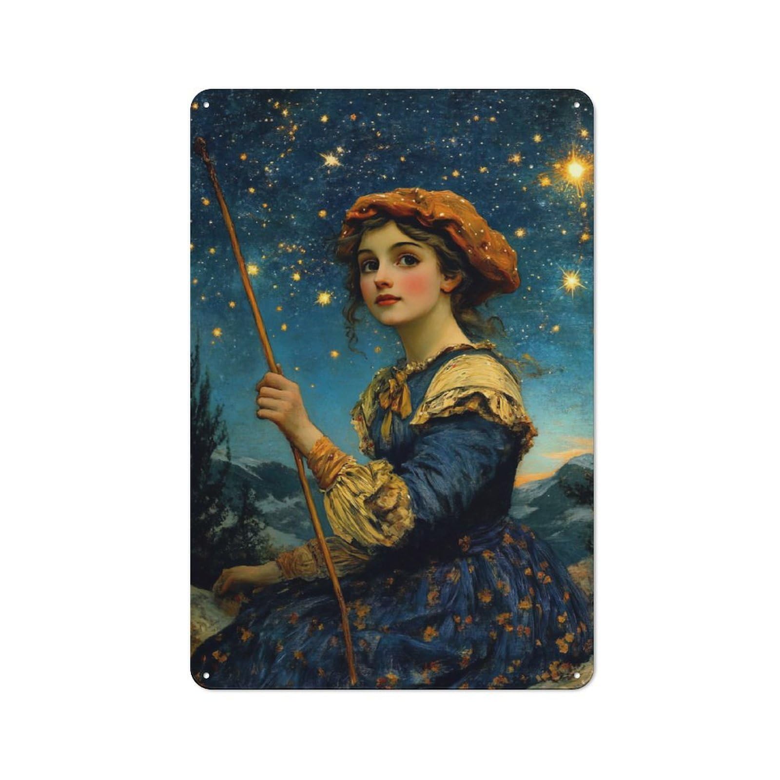 Junmoney Girls Starry Night Metal Wall Plaque With Design 30X20cm, Retro Novelty Wall Art For Bedroom, Kitchen, Office Or Living Room