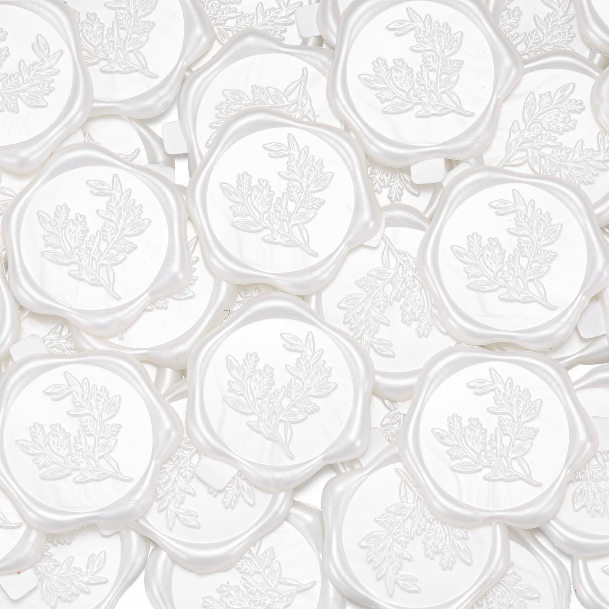 Filhome 50Pcs Wax Seal Stickers, 1.14inch/29mm Pearlescent White Envelope Seal Stickers, Eucalyptus Leaves Vintage Wedding Invitation Stickers for Valentine's Day Birthday Bridal Shower Party Supply