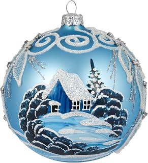 Sky Blue Christmas Ornament Polish Blown Glass Ball Medium Bauble 5 inch/120mm Hand Painted Winter Wonderland
