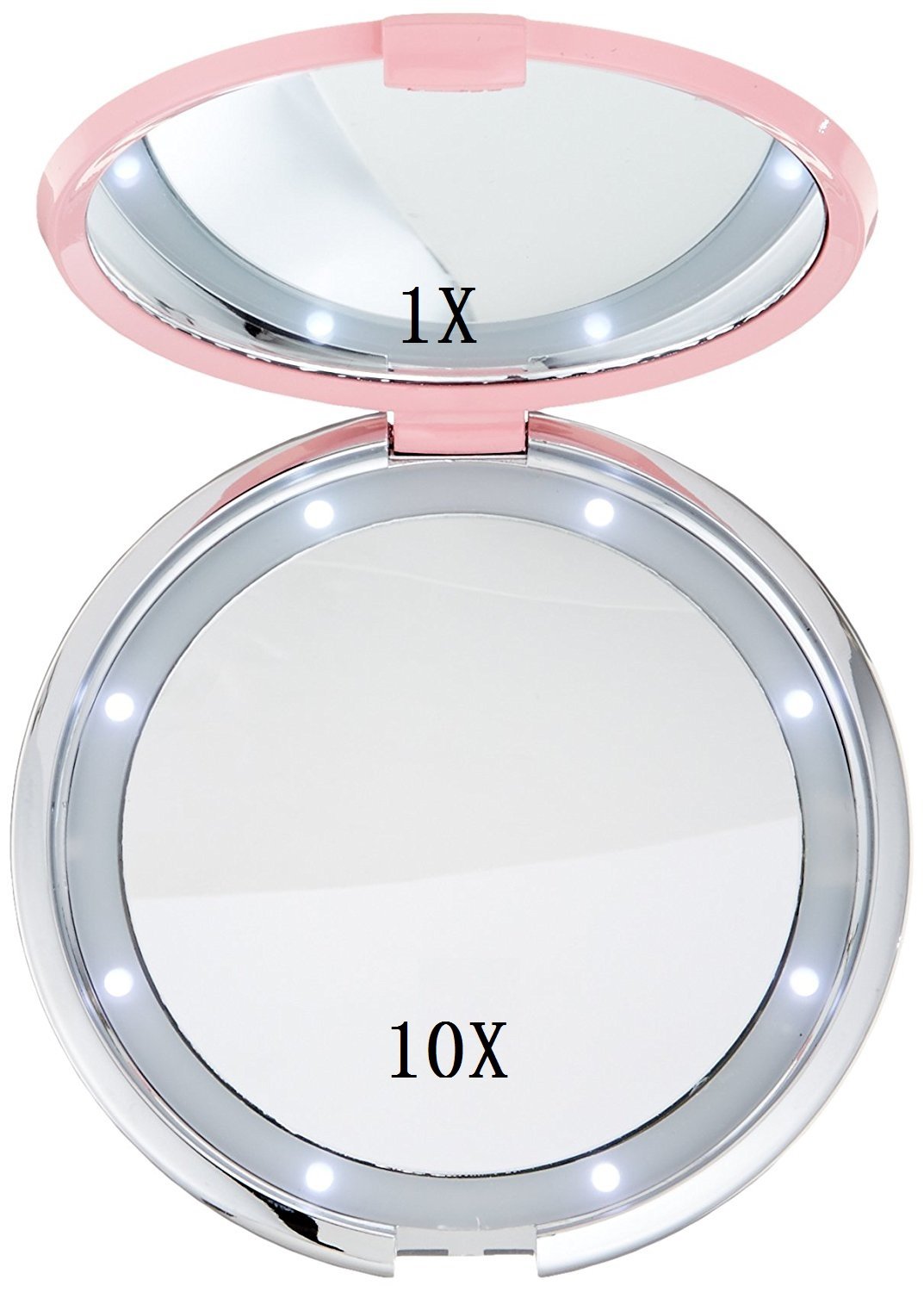 Compact Makeup Mirror,FushoP Small Makeup Mirror 1x/10x Magnifying Mirror Led Mirror Portable Travel Makeup Mirror Lighted Magnified Mirror Hand Held Magnifying Mirror Folding(Pink)