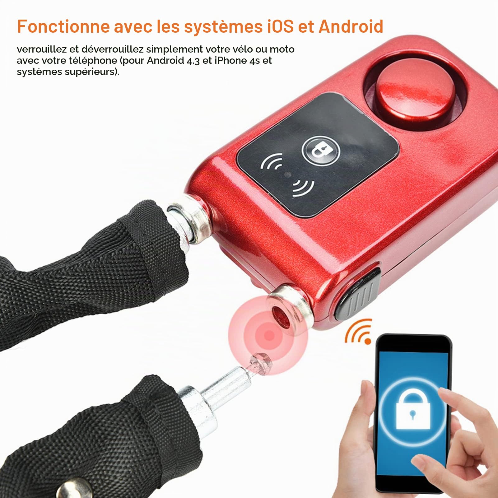 Verrou Antivol de Vélo, Alarme Sans Clé Antivol de Vélo Antivol Intelligent Alarme de contrôle de téléphone intelligent cadenas de chaîne de vélo pour porte de moto de vélo