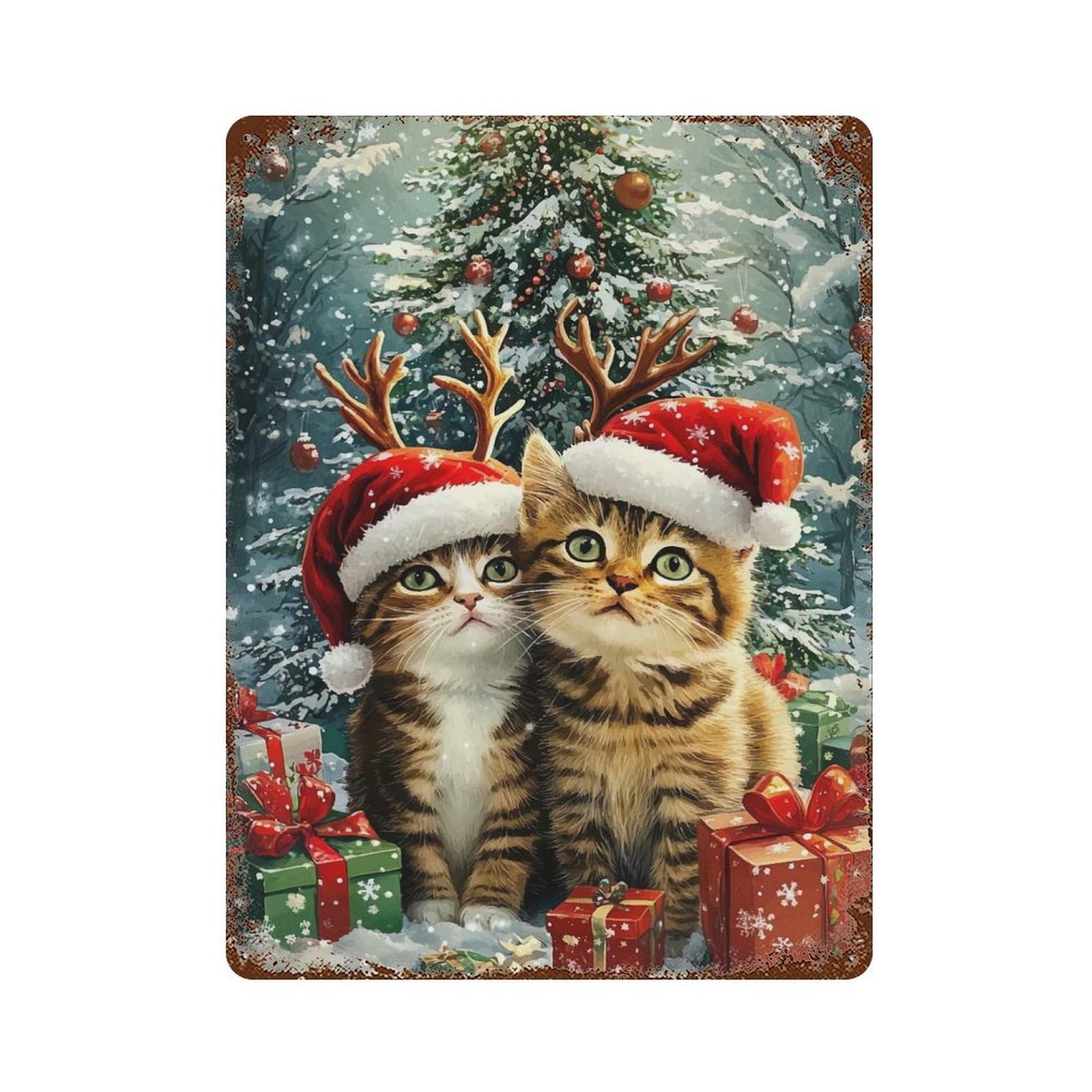 Christmas Kittens Rust Effect Tin Sign 15.7"x11.8", Rustic Home Decor for Garage, Bar And Workshop Decor