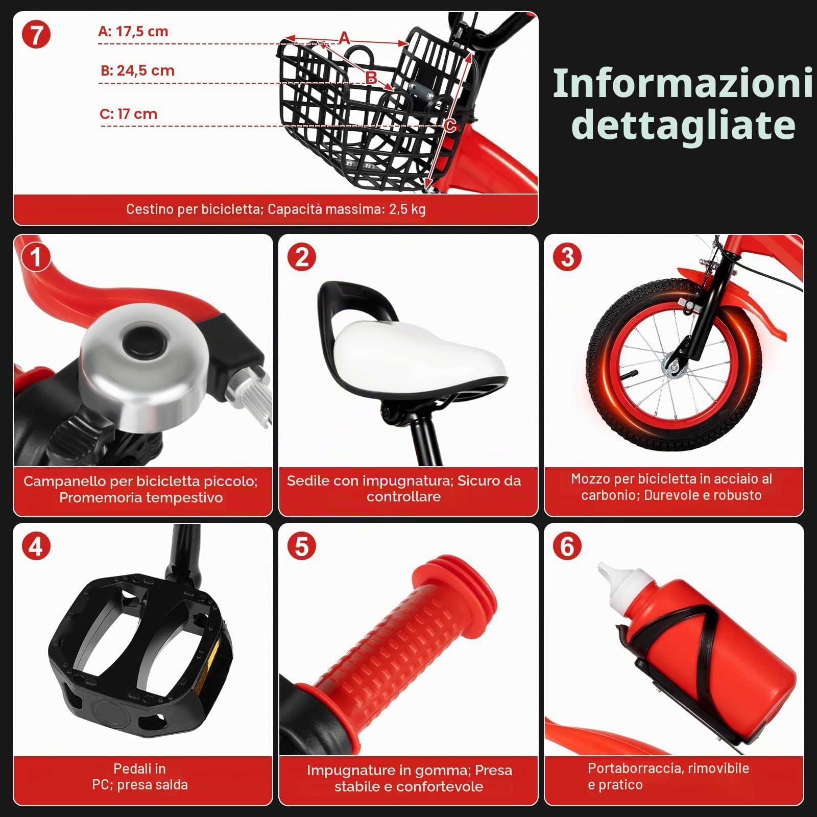 Bicicletta per bambini, 12 pollici, universale, per principianti, con ruote di supporto e bottiglia d'acqua, adatta per bambini, da 2,62 – 3,11 ft in (rosso)