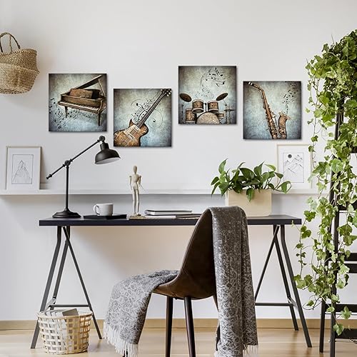 Miniatura 2 de LyerArtork Lienzo de música de 4 paneles, arte de pared, estilo vintage, piano y guitarra, juego de batería para saxofón, lienzo estirado, arte