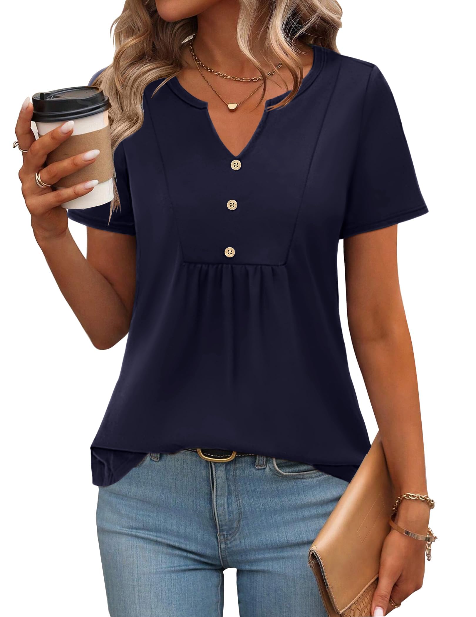Zeagoo Women's T-Shirt Short Sleeve Tops Summer Elegant V Neck Shirts Casual Plain Tee Shirt Long Tunic Top Front Pleated Blouse S-XXL