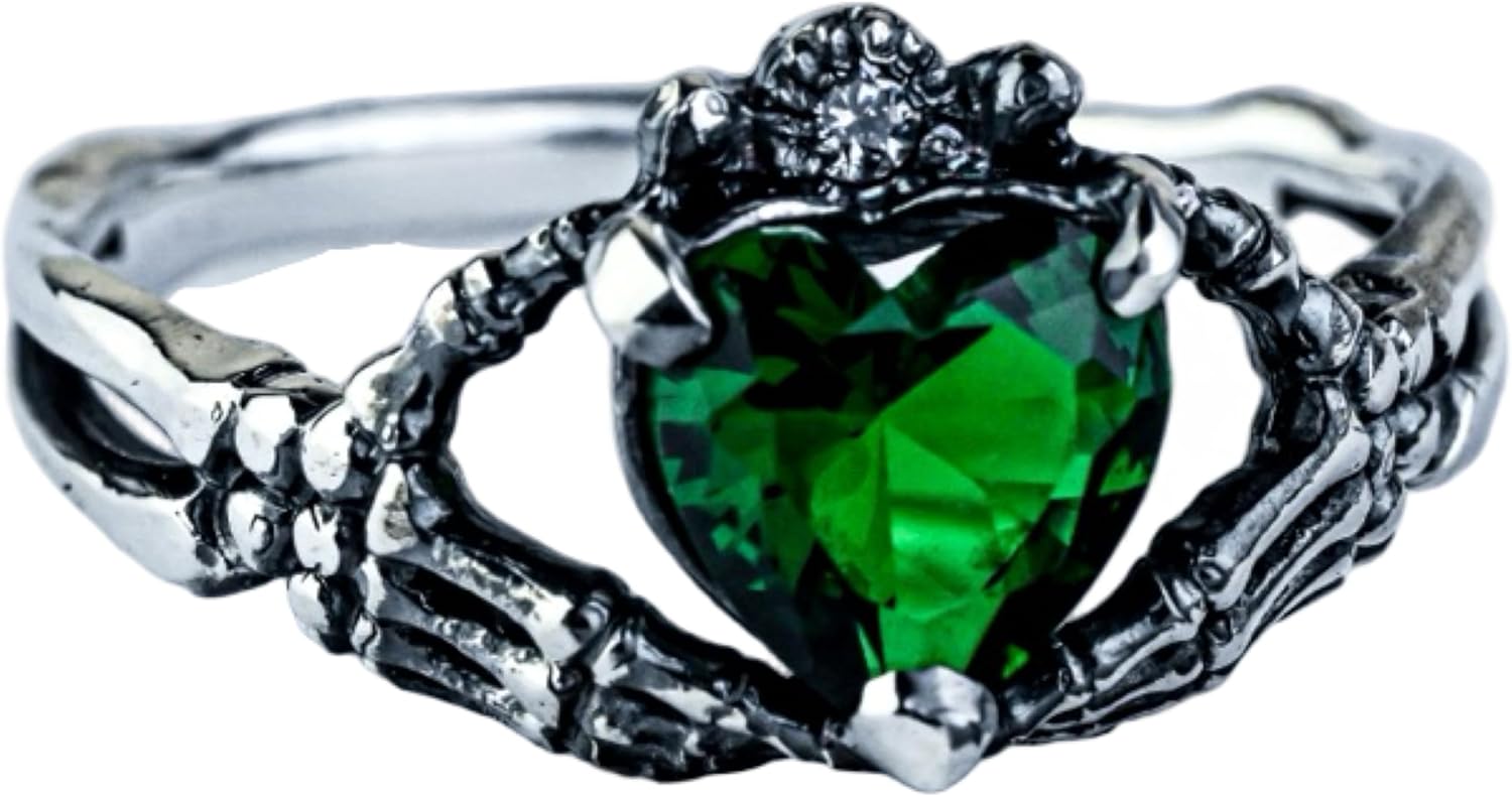 Emerald Green Gothic Skull Rings for Women - Unique Claddagh Rings with Heart Gemstone - Dark Fantasy Jewelry - Ideal Birthday Gift