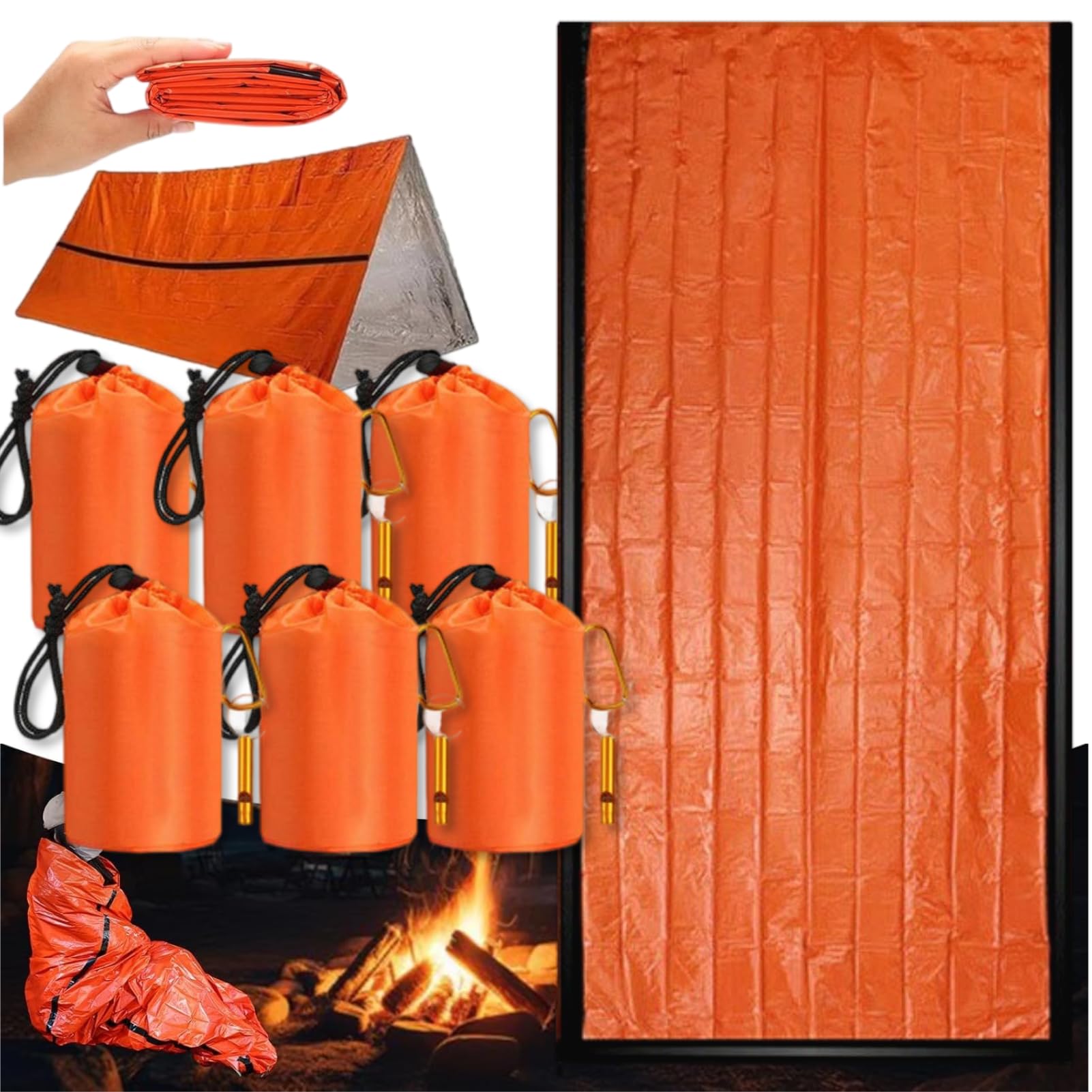 Emergency Sleeping Bag with Whistle, Portable Emergency Survival Bag, Lightweight Pocket Size Emergency Sleeping Bag, Waterproof Thermal Bivy Sack for Camping, Hiking (6)