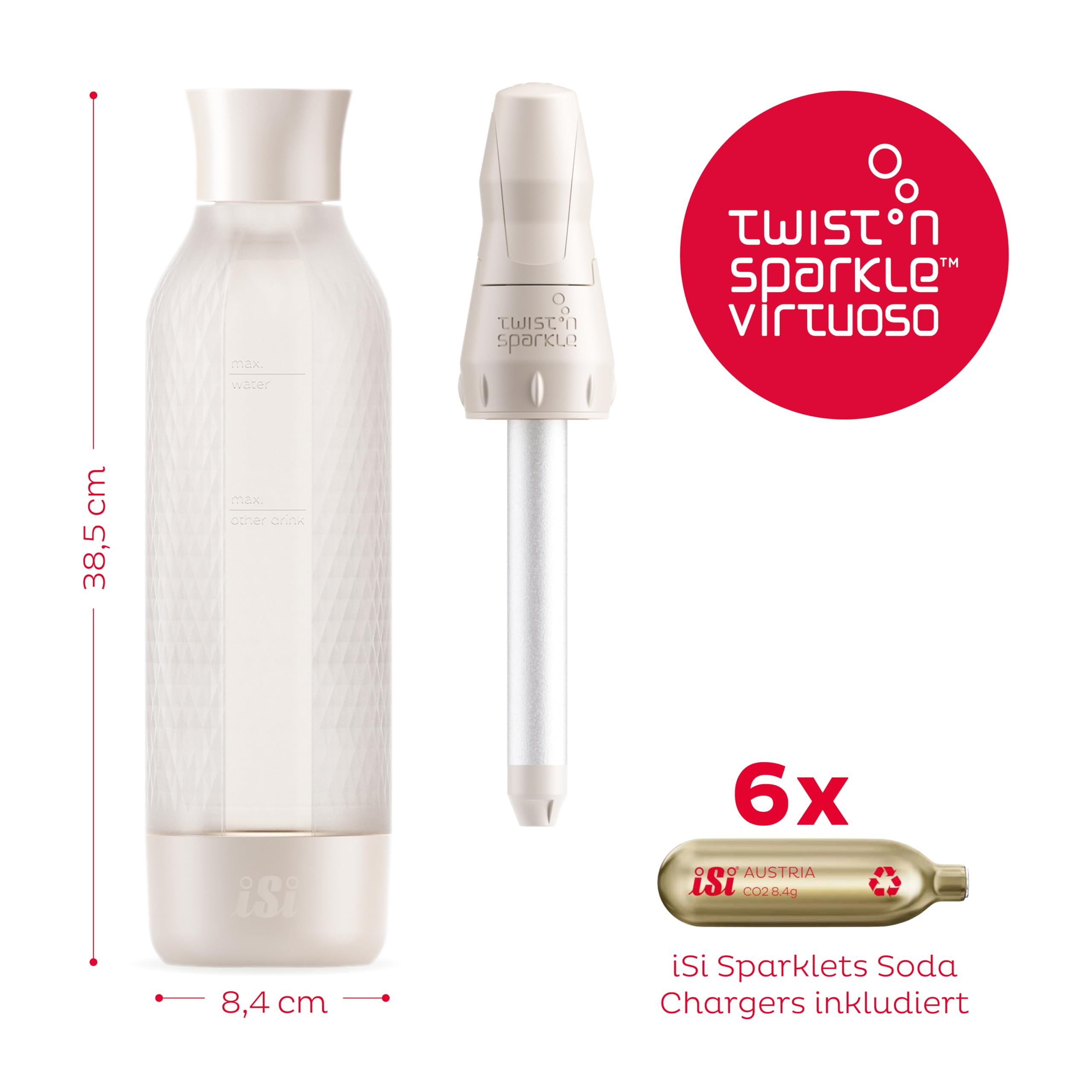 iSi Twist'n Sparkle Virtuoso Wassersprudler 0.95L – Soda Maker für Sprudelwasser, Säfte & Cocktails – Wasser Sprudler & Soda Maker mit rutschfester Silikon Hülle – Alternative Sprudelwasser Maschine